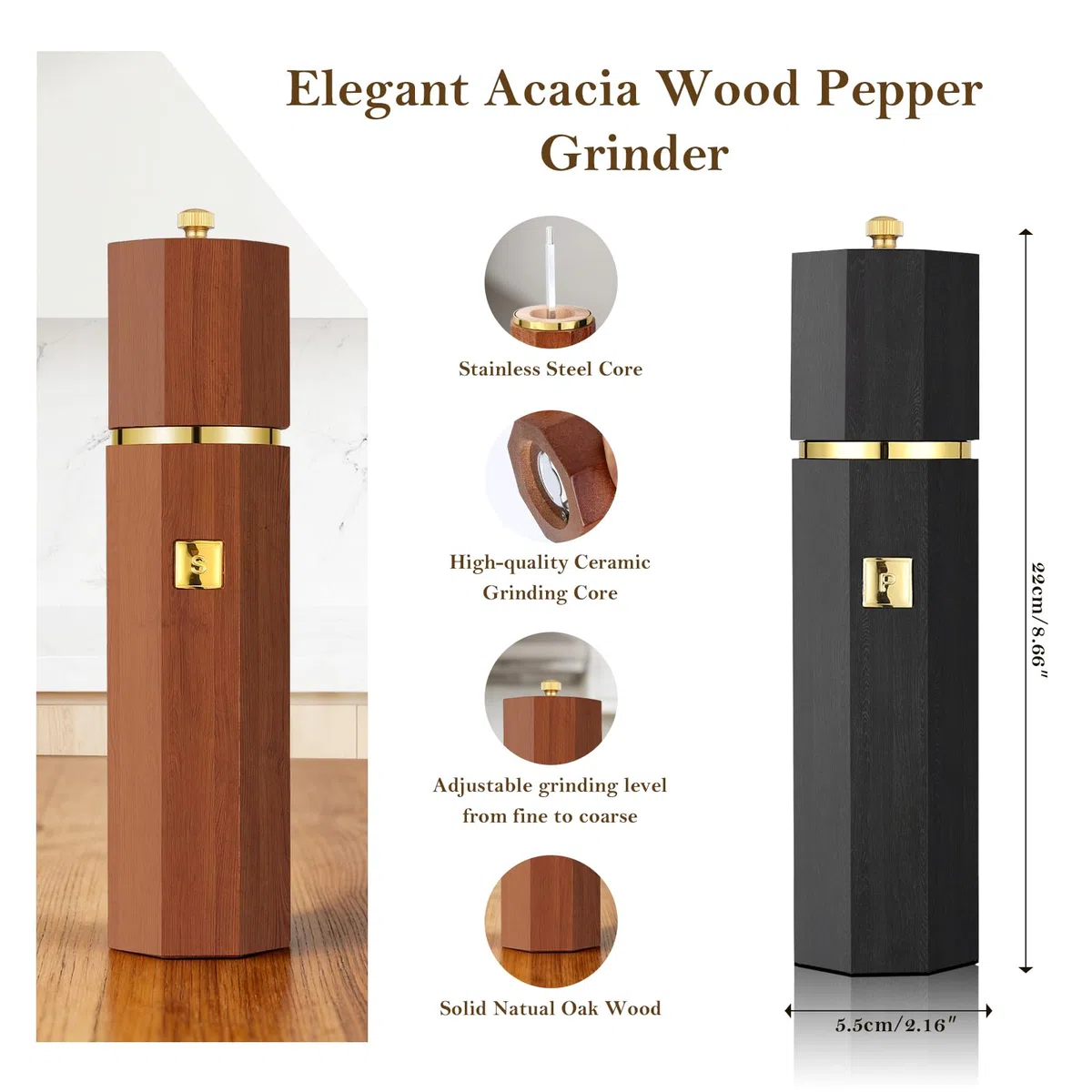 Lote de 2 molinillos de sal y pimienta de madera maciza - Molinillo manual recargable con cerámica ajustable, acabado de madera natural, 20 cm, esencial para cocina y mesa, regalo de cumpleaños