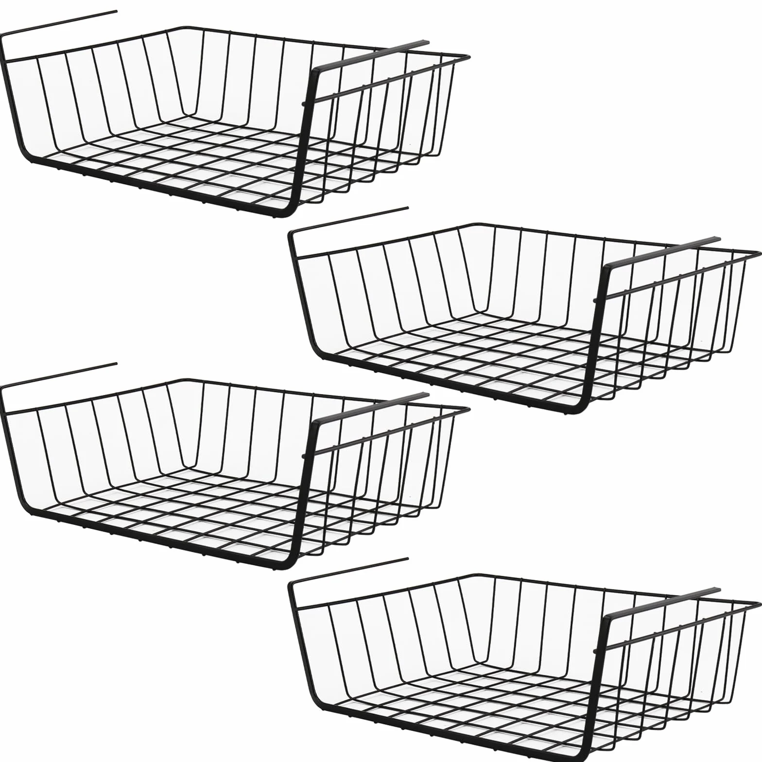 4 unidades de cestas de almacenamiento para debajo de la estantería, cesta colgante de metal, cesta colgante de metal, color negro, para cocina, oficina, despensa, baño, armario