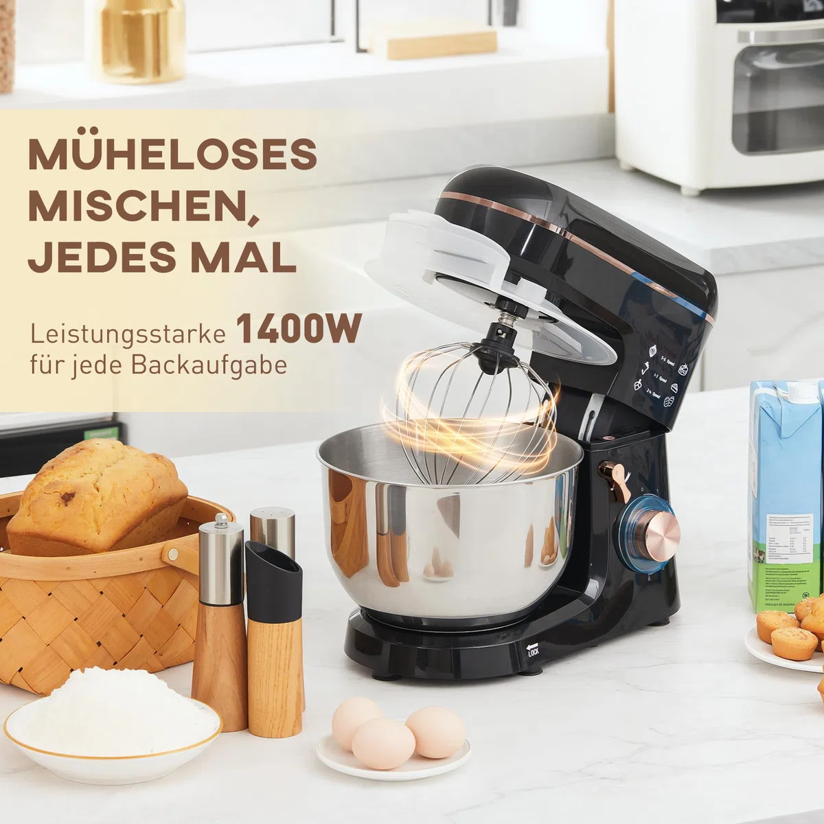 HOMCOM Robot de cocina de 1400 W con velocidad de 6 + P, amasadora con cuenco de acero inoxidable de 5,5 L, con gancho para amasar, protección contra salpicaduras, batidor, gancho para mezclar