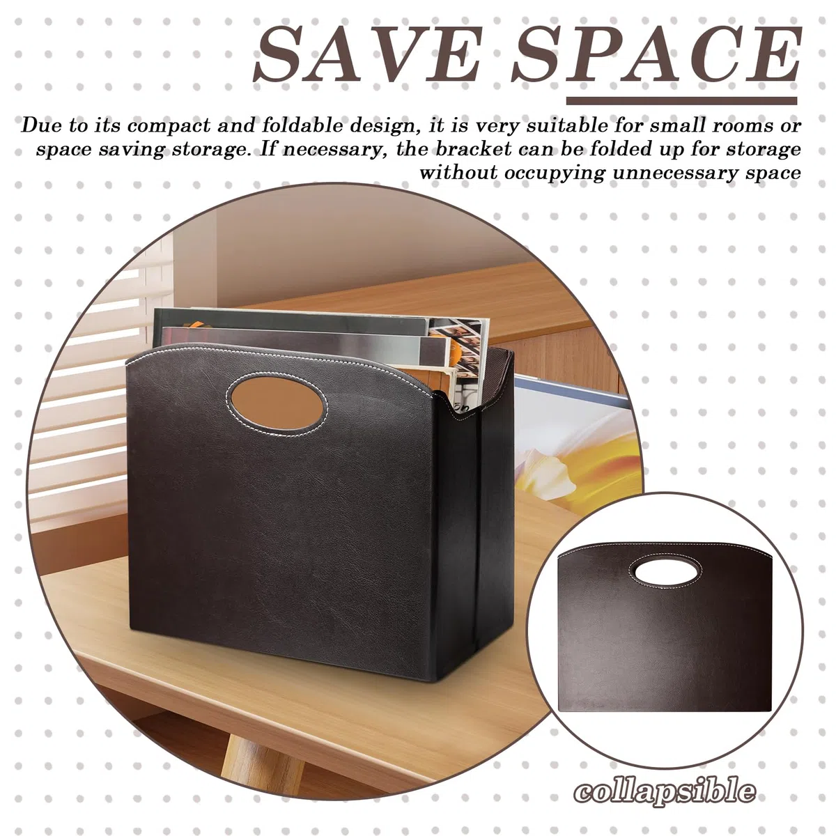 Revistero de cuero moderno, portarevistas de cuero con asa, revistero de cuero con compartimentos, cesta de periódicos plegable, portarevistas cesta de periódicos para casa oficina salón