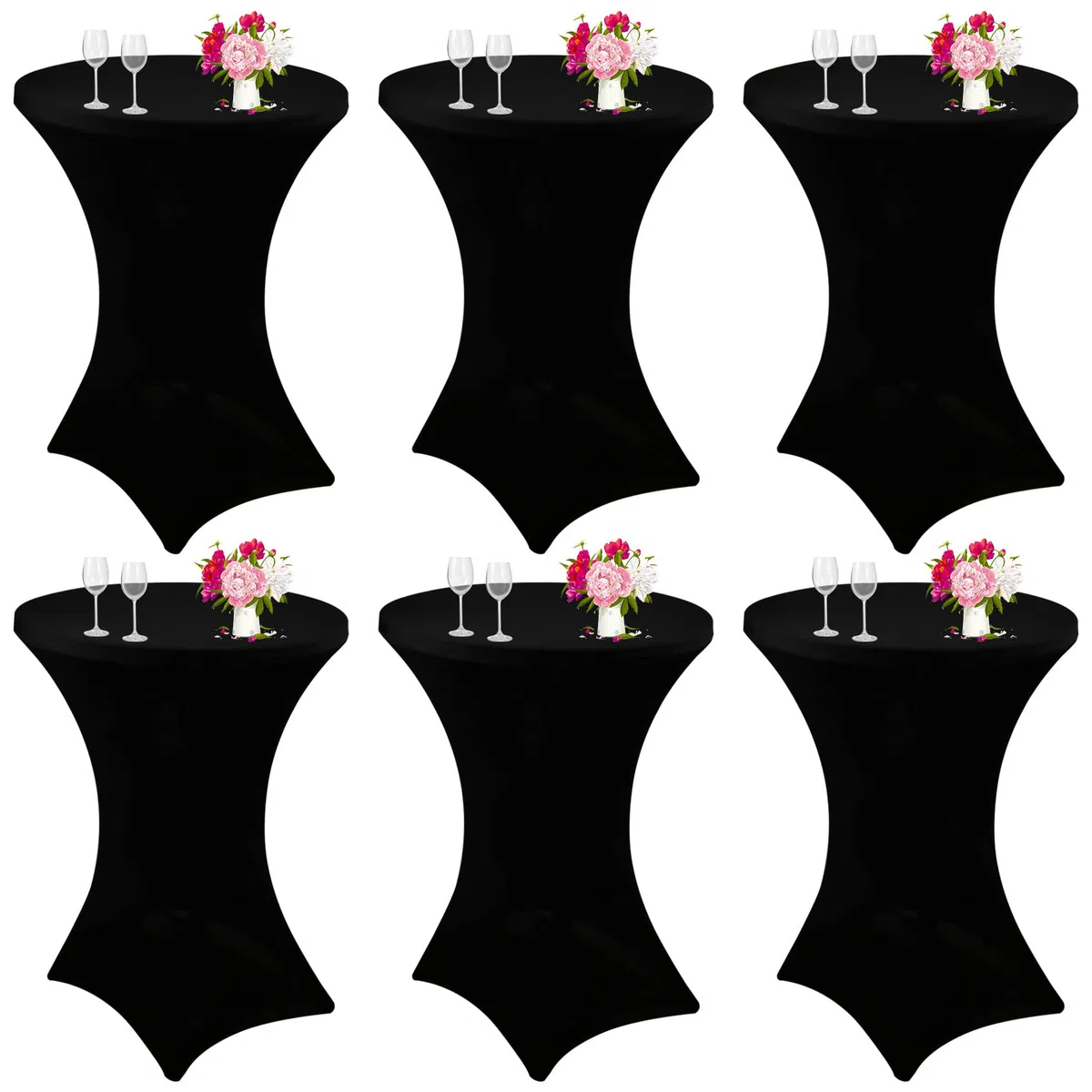 Paquete de 6 manteles de cóctel de elastano de 32 x 43 pulgadas, color negro, esquinas cuadradas, mantel de cóctel, mesa redonda de parte superior alta para bar, boda, fiesta de cumpleaños, banquete