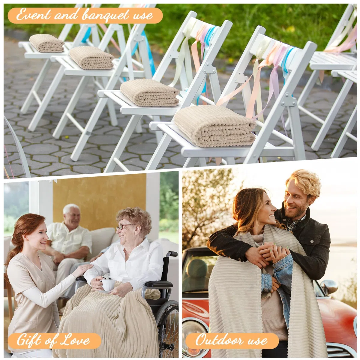Buryeah 6 mantas de franela a granel de 50 x 60 pulgadas, mantas de forro polar suave a granel, manta ligera con tira para cama, sofá, habitación del hogar, regalos de boda e invierno (beige)