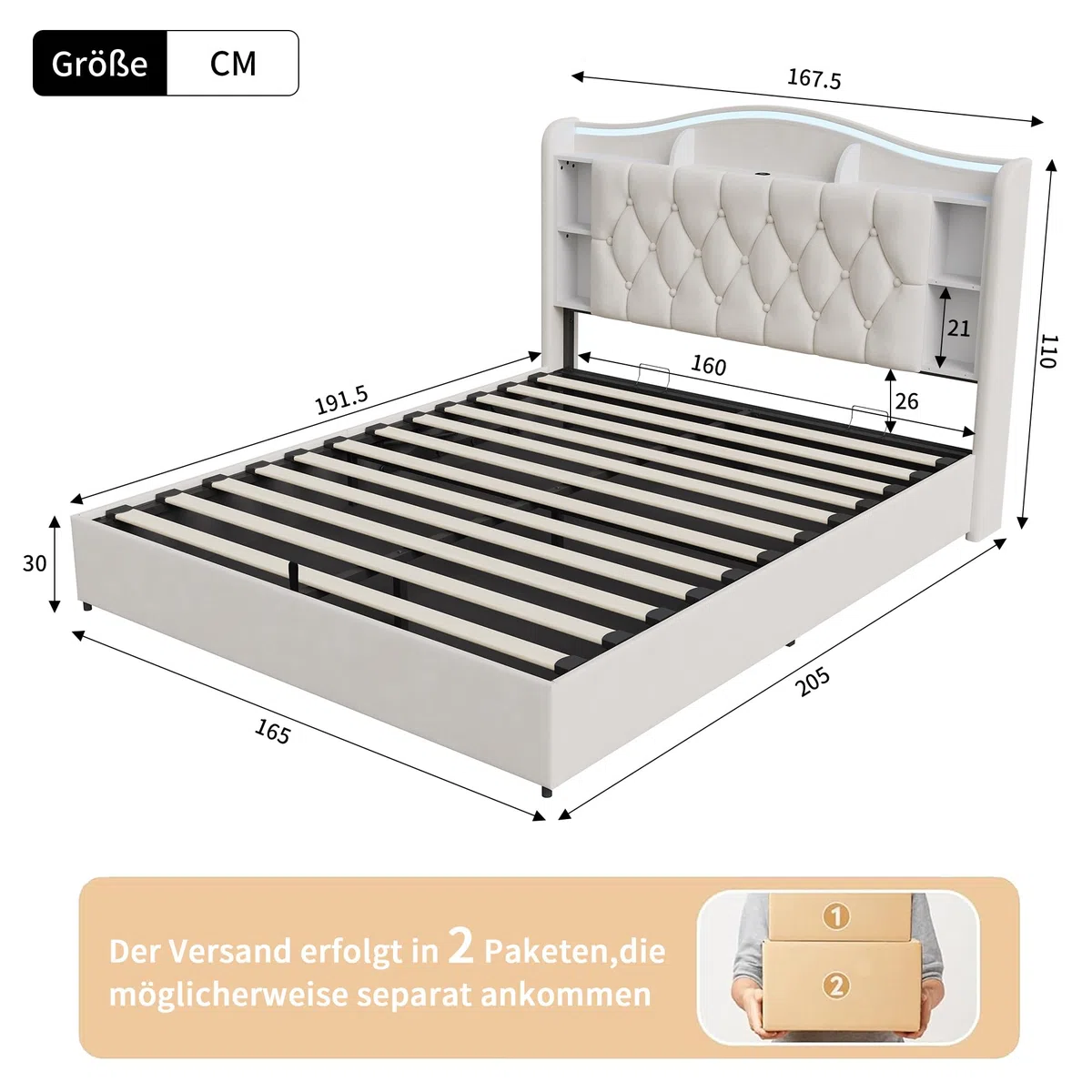 Cama tapizada de 160 x 190 cm con espacio de almacenamiento, cama doble con LED, cama hidráulica con somier, cama con somier, cama juvenil con espacio de almacenamiento y cabecero, para