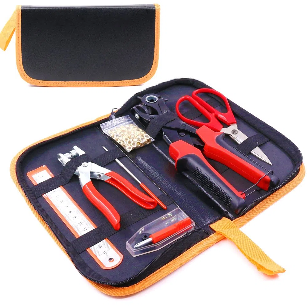 Glarks Alicates perforadores de metal ajustables resistentes para cinturón de cuero giratorio con alicates de ojales, kit de herramientas para cinturón, correas de reloj, sillín, zapatos, manualidades