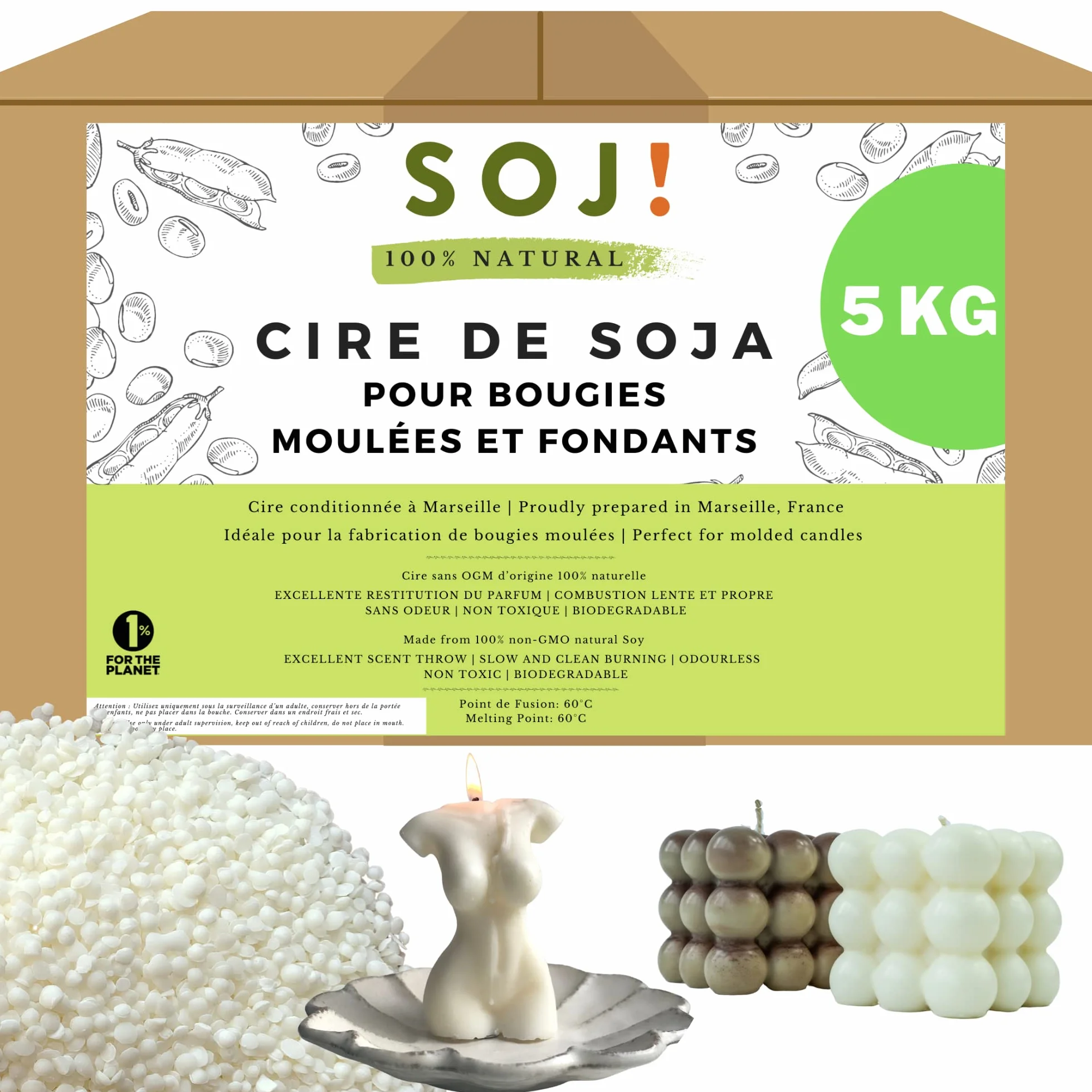Cera de soja para velas moldeadas y fondant en pastilla, cera para velas sin OGM, 100% natural y vegano, fabricación de velas vegetales, envasado en Francia (5KG)