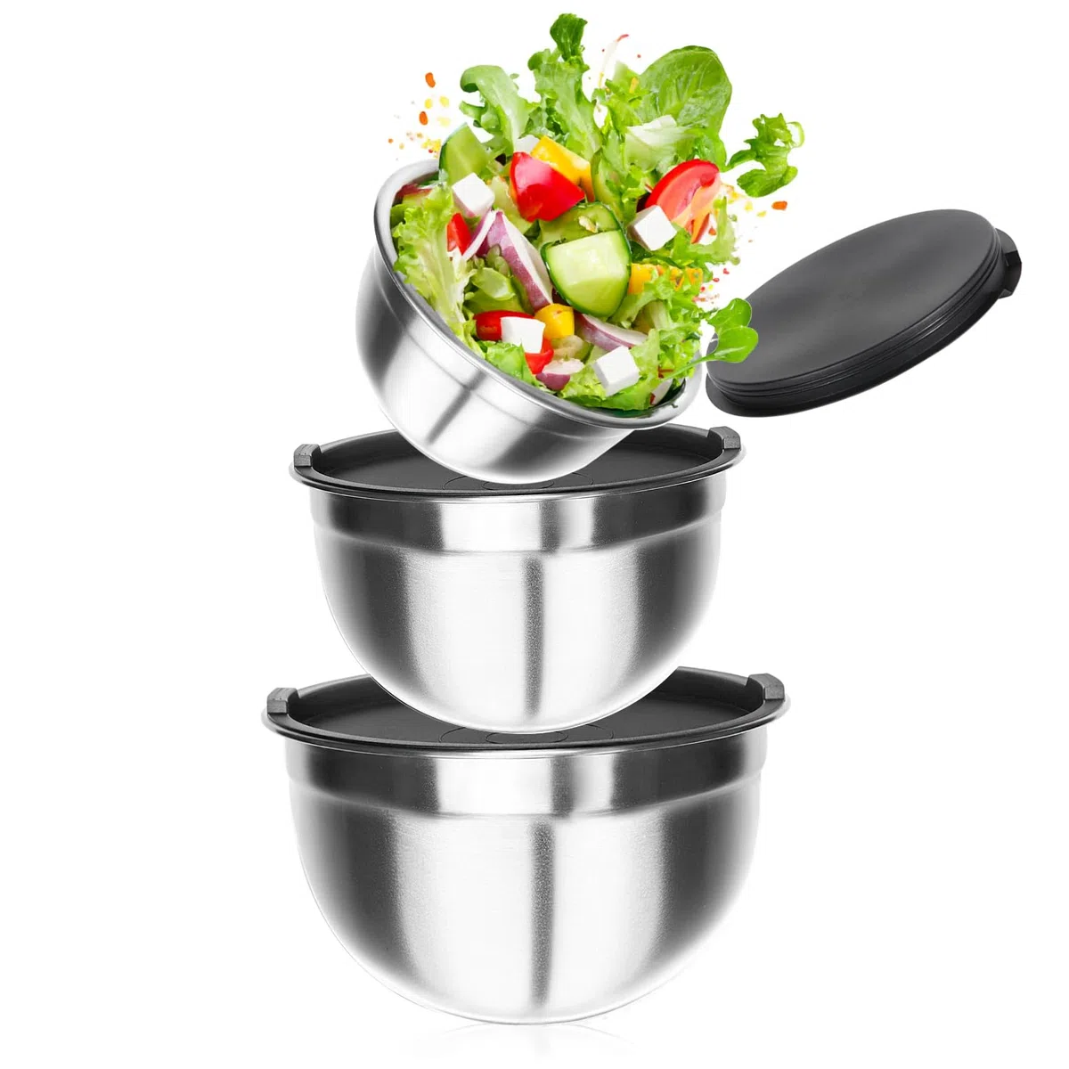 3x cuencos para mezclar de acero inoxidable con tapa - ensaladera en 3 tamaños - cuenco de metal multifuncional - cuenco para servir comida (3 piezas - grande)