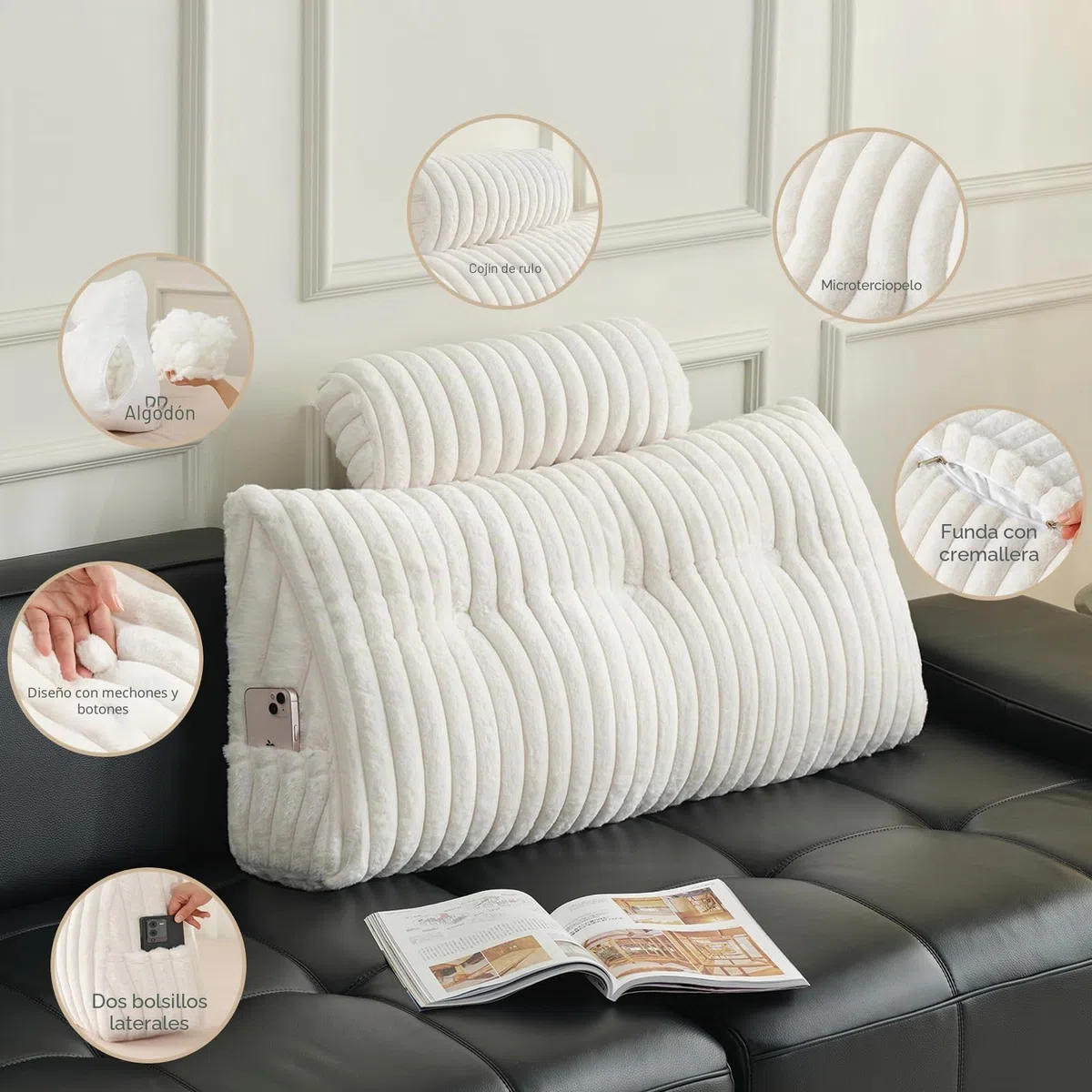Z-Hom Cojín para Libros, cuña, cojín de Lectura para Cama y sofá, cojín de Espalda, práctico Compartimento Lateral, Cubierta extraíble, con Almohada Redonda (Variedad de Fibra Larga 150 * 50 * 20cm)