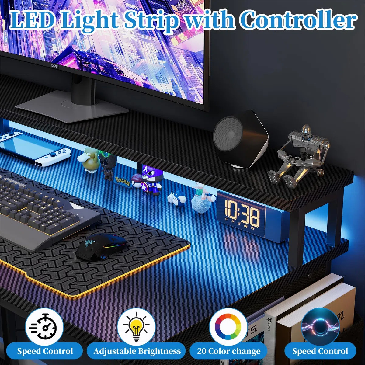 Grandder Escritorio Gaming en L con Luces LED y Enchufes, 100 cm, Negro | Mesa Gaming de Fibra de Carbono con 2 Estantes, Soporte para Monitor, Hogar y Oficina
