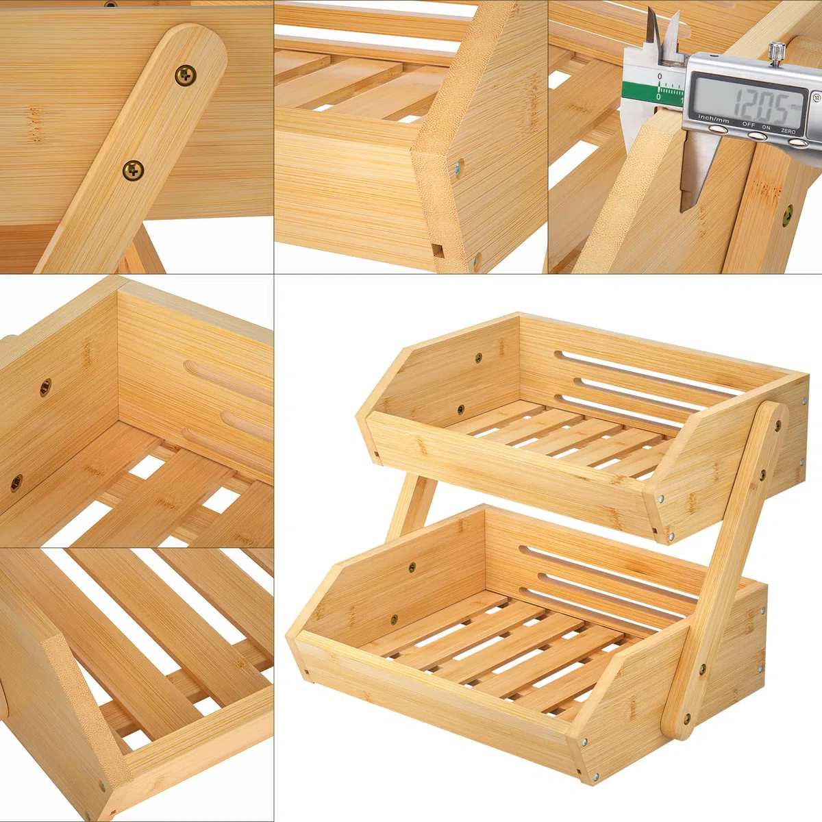 Calm Cozy Soporte de bambú para Cesta de Frutas, 2 Niveles Estante para Frutas,Cesta de Almacenamiento de Pan, Soporte para Verduras para encimera de Cocina
