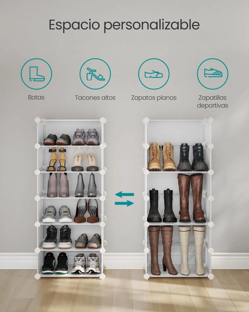 SONGMICS Zapatero Modular con 10 Compartimentos, Estantería Modular de Plástico, DIY, Zapatero con Puerta, con Martillo, Blanco LPC010WH01