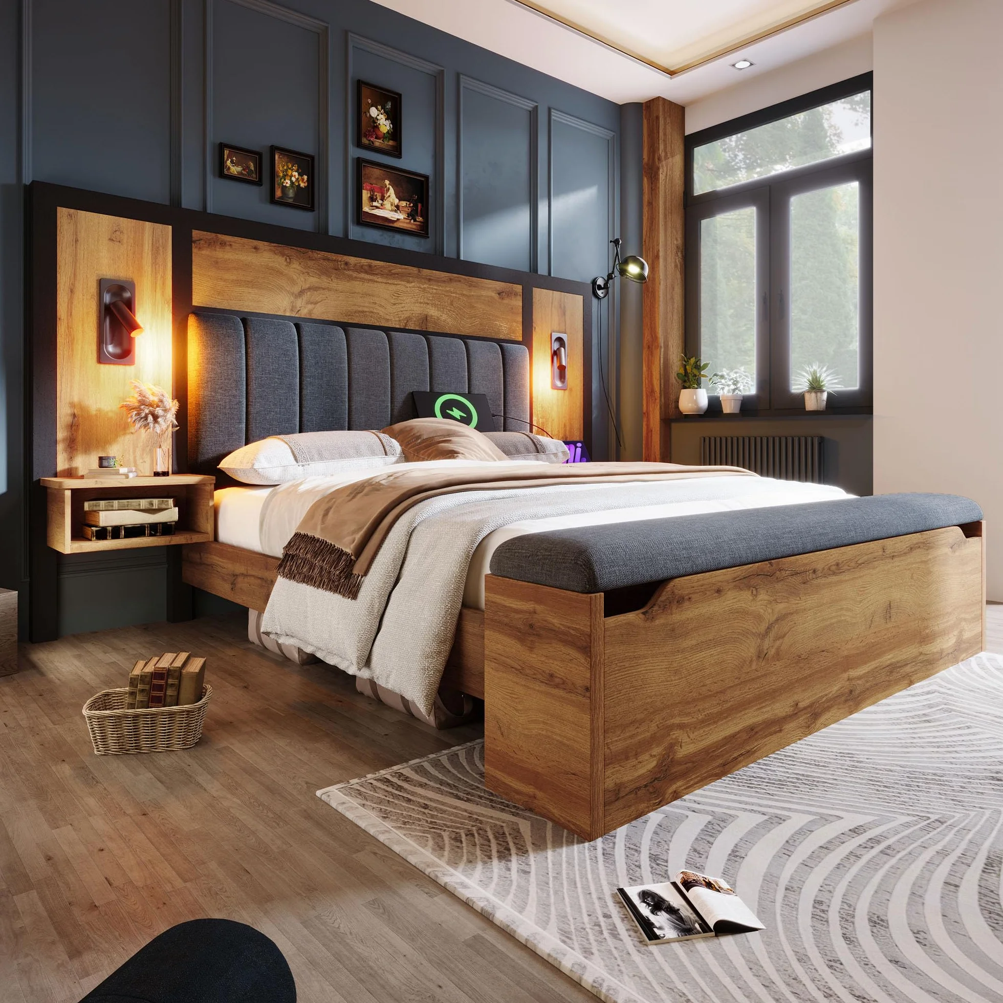 Kebnor Cama doble tapizada, cama con lámpara de lectura y mesita de noche USB C y banco con almacenamiento, estructura de cama con somier de metal, madera y lino, roble (sin colchón) (180 x 200 cm)