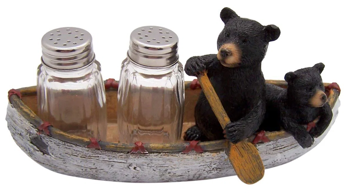 Juego de salero y pimentero con diseño de oso y cachorro en canoa (cocteleras incluidas)