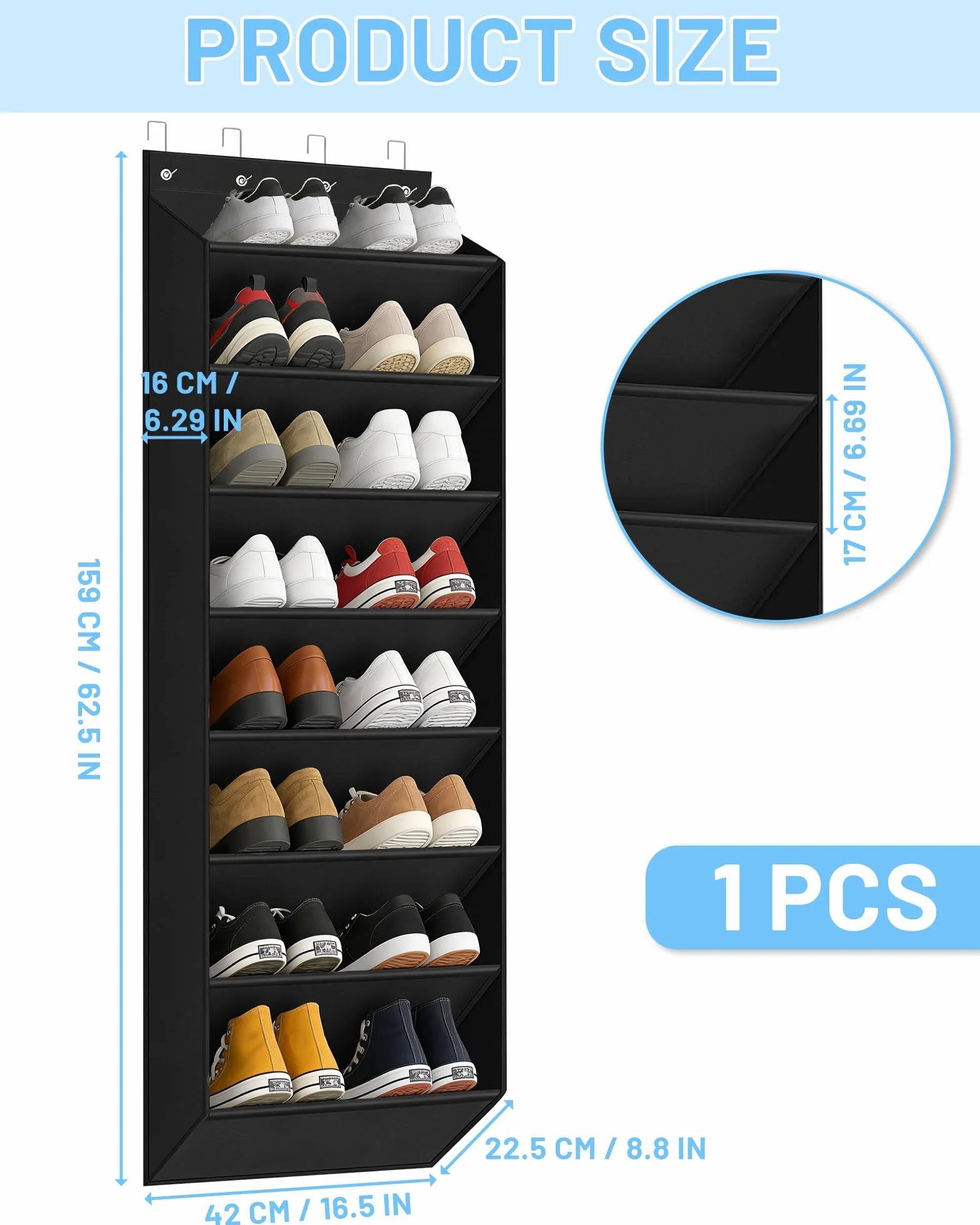 8 Bolsillos Zapatero Colgante Puerta – Organizador de Zapatos Puerta para 16-24 Pares de Zapatos – Zapatero Pared Plegable para Colgar Zapato, Negro