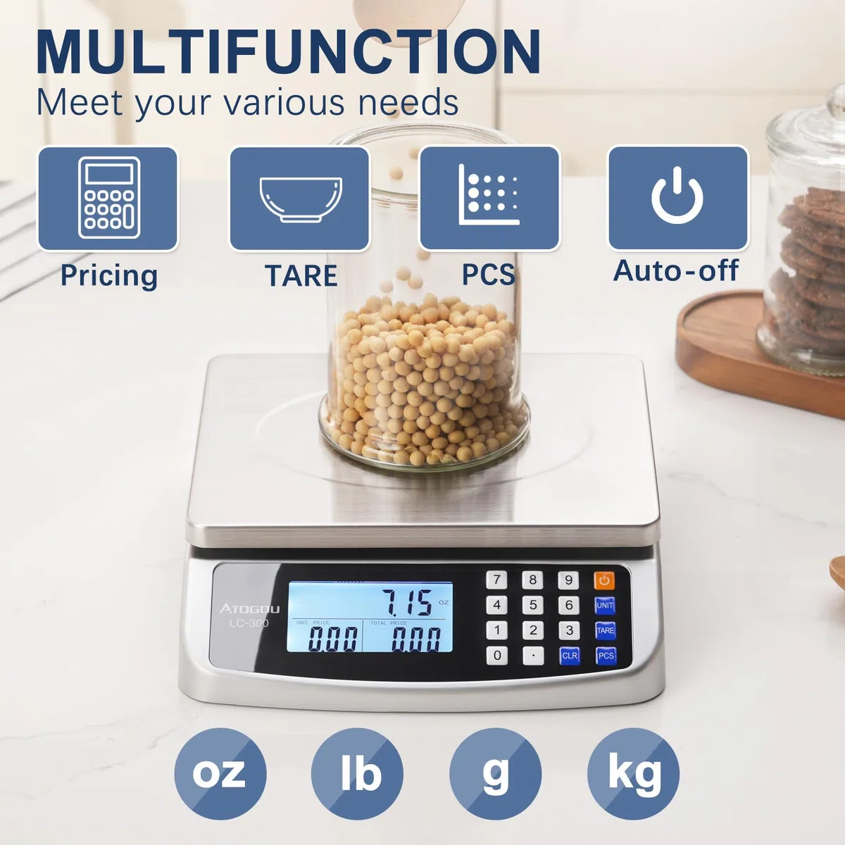 ATOGOU Báscula de alimentos de 110 libras, báscula de cocina comercial con cálculo de precios, utilizable, 0.05 oz/1 g, acero inoxidable 304, para cocinar, verduras, granja, industria, contar. LC300