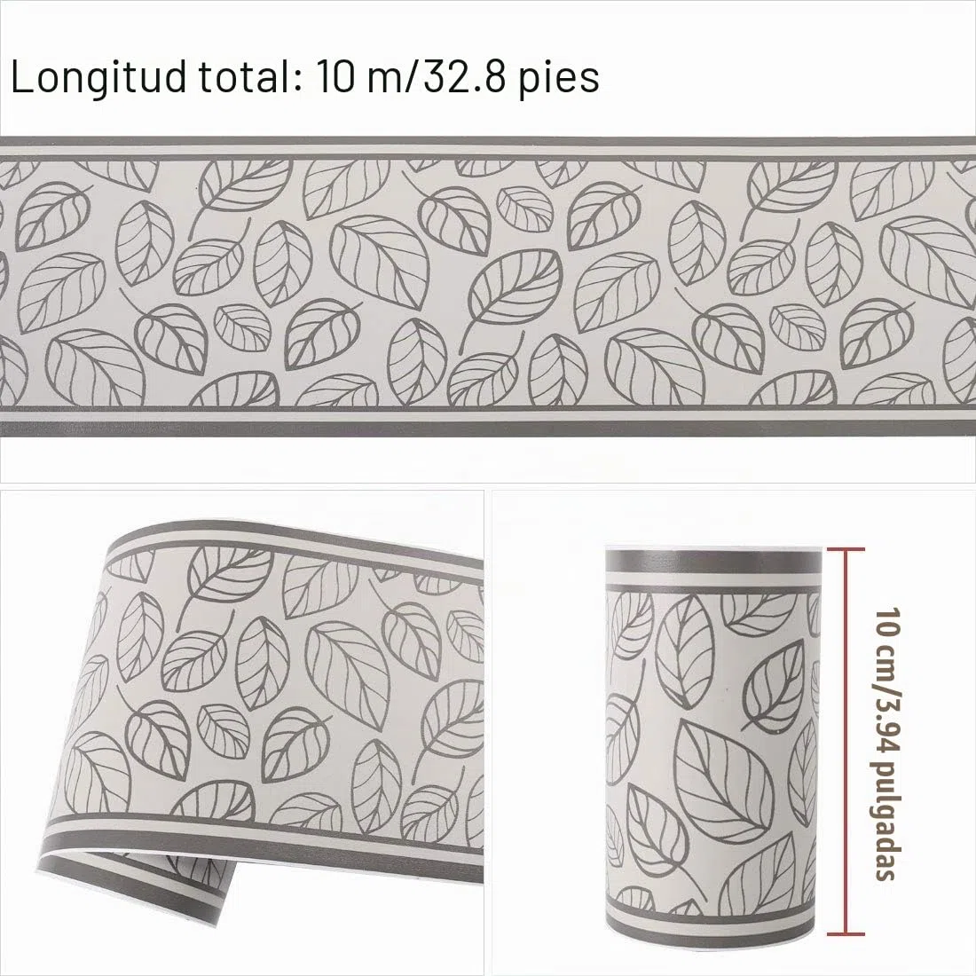 Sourcingmap,Cenefa de papel de pared autoadhesiva, revestimiento de PVC, bordes de suelo para cocina, baño, dormitorio, Gris Negro, Leaves Pattern