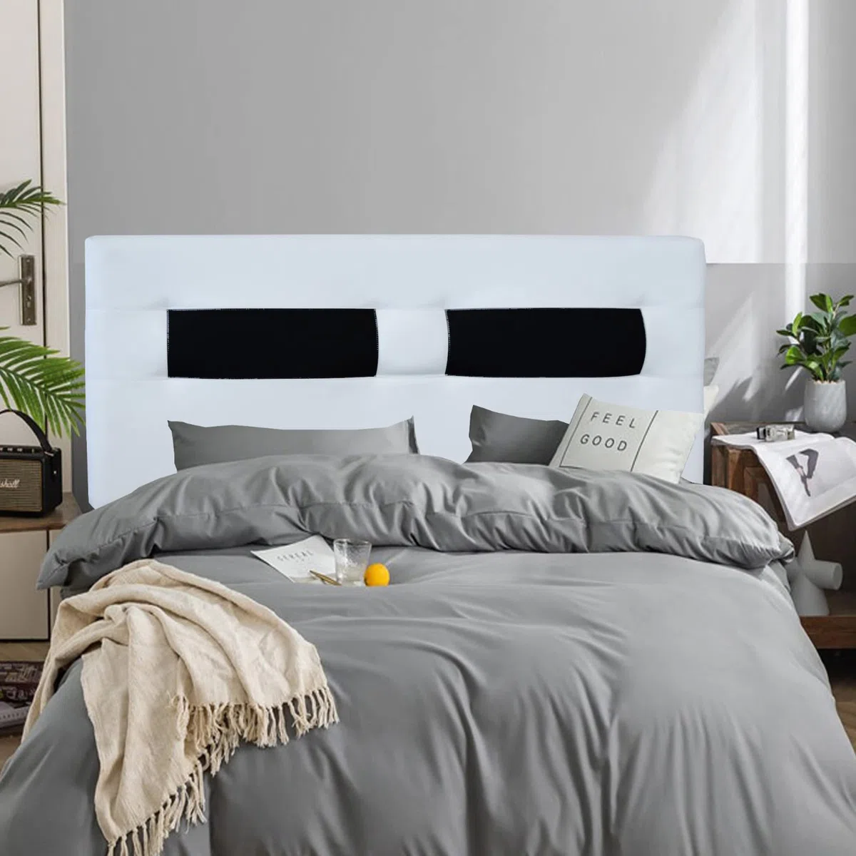ONEK-DECCO Cabecero de Cama tapizado en Polipiel Mod. Málaga - Cabeceros Originales para Niños, Juvenil y Matrimonio de 70 cm. Alto – Cabezal de Colgar (150x70, Blanco-Negro)