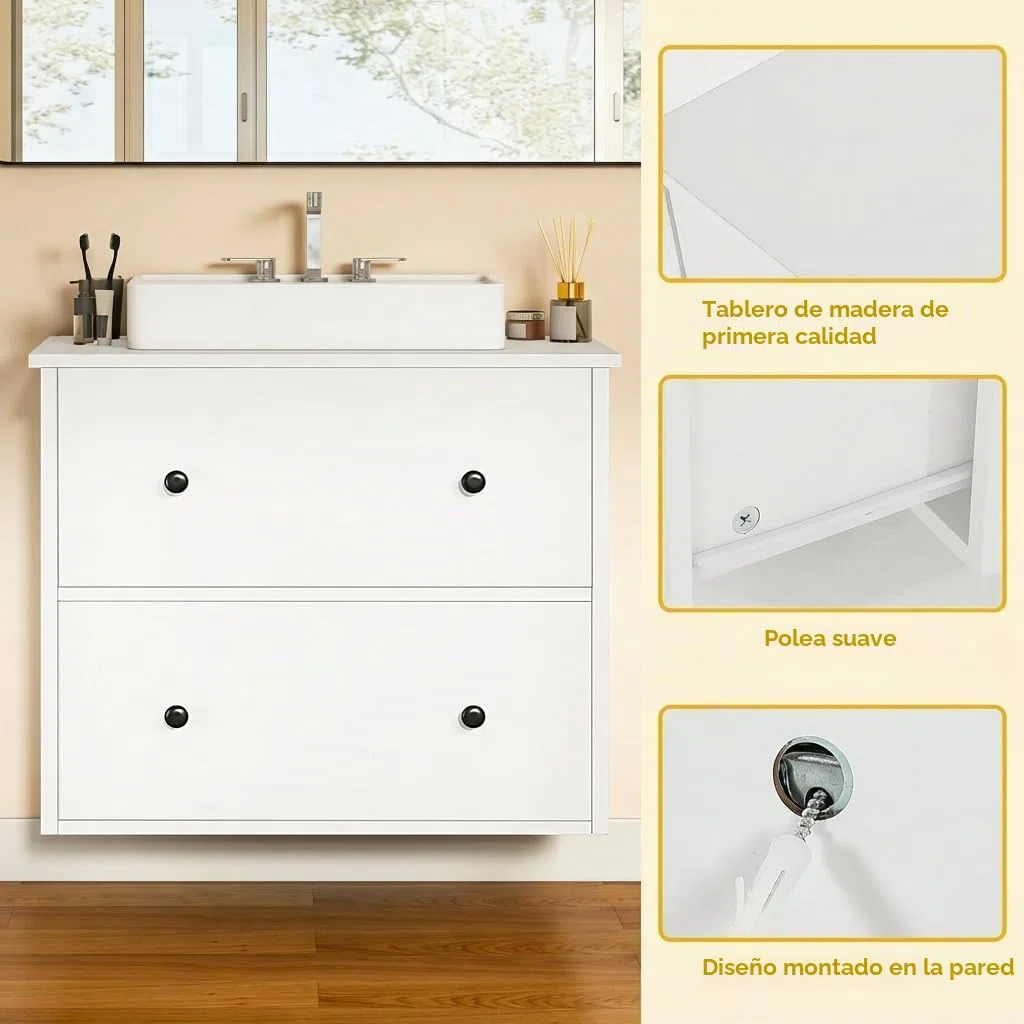 YITAHOME Mueble de baño montado en la Pared Debajo del Lavabo, Almacenamiento de baño con 2 cajones, Armario de Almacenamiento de Papel higiénico, Mueble de tocador, 60 x 30 x 50 cm para baño pequeño