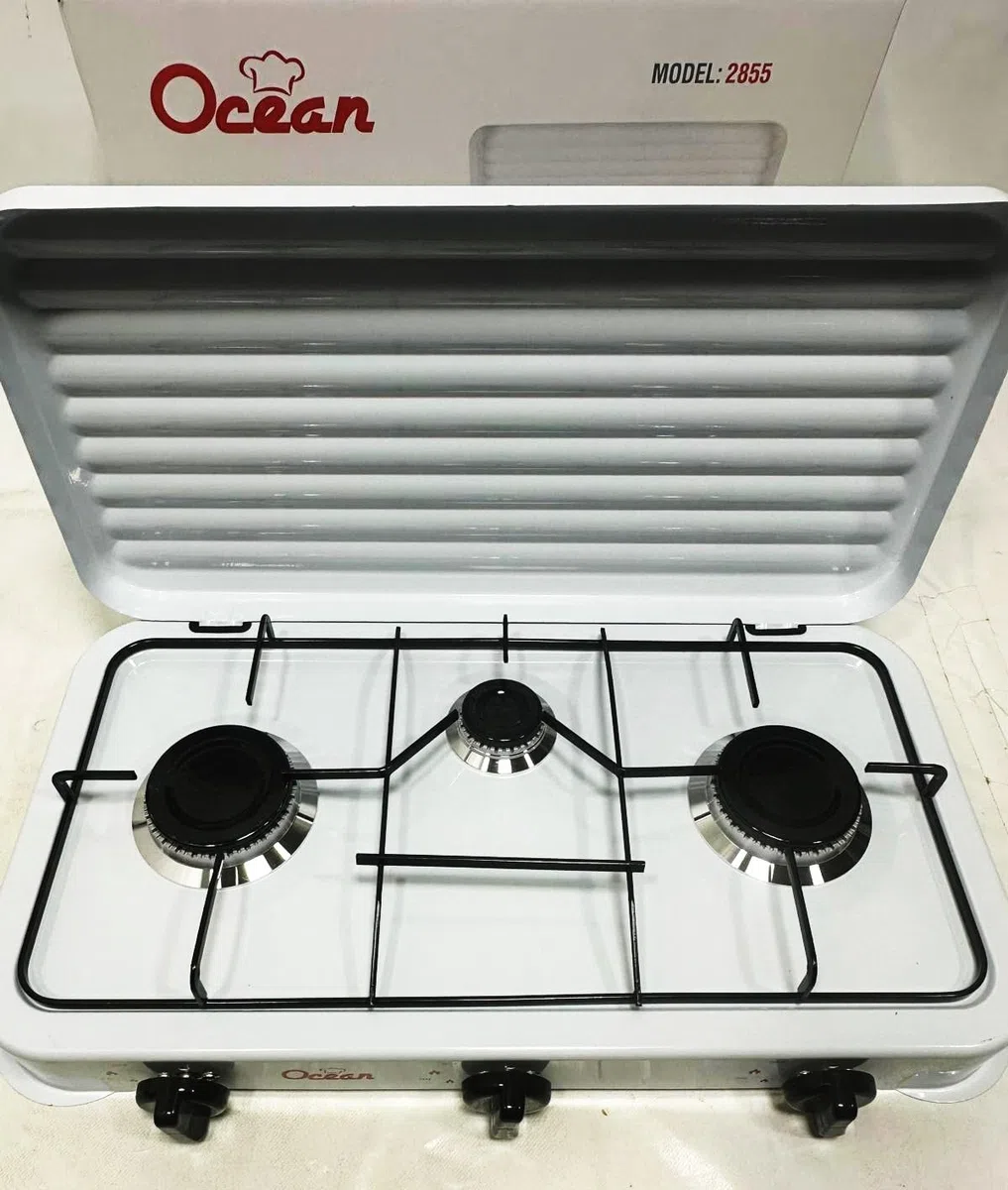 Hornillo de gas de 3 fuegos, 3200 W, quemadores de hierro fundido extraíbles, con tapa, a gas butano o propano