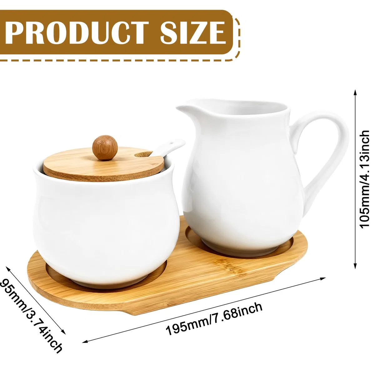 GBKDQQ Juego de leche y azúcar con tapa y cuchara, jarra de leche blanca de cerámica y azucarero con bandeja de madera, juego de azúcar para cocina, comedor, lavavajillas y microondas