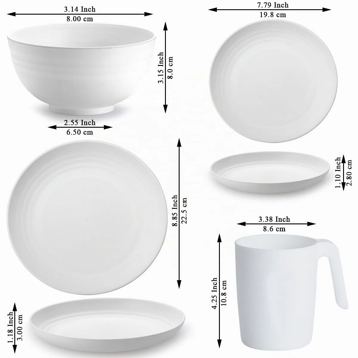 Kyraton Cubiertos de plástico Juegos de 32 piezas, reutilizables Platos ligeros Tazas Cuencos Platos Fácil de llevar y limpiar Microondas Seguro BPA Lavavajillas seguro Servicio seguro para 8
