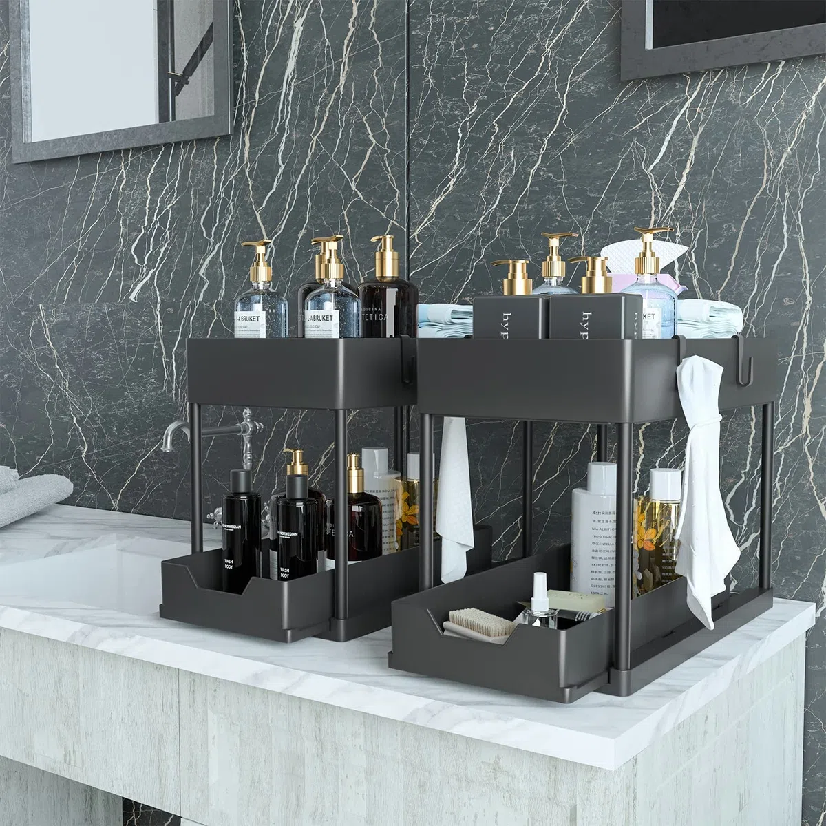 Bnimtm 2 Paquete Organizador Cocina, Estantería Bajo Fregadero, Estante Organizador Mueble Bajo Fregadero Cocina Lavabo（Sin Taza Colgante, Negro）
