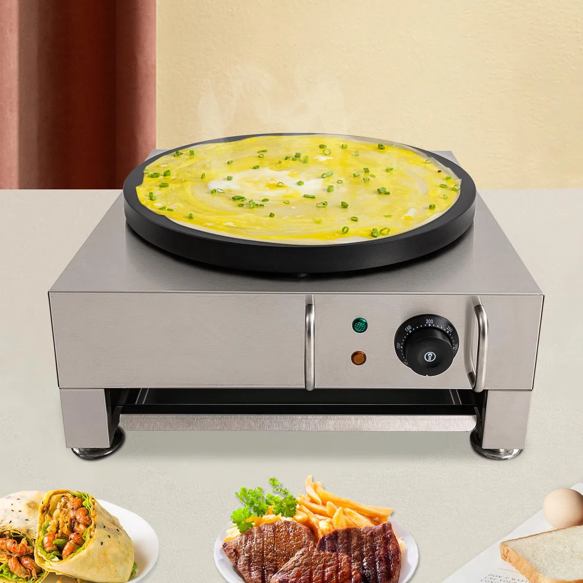2800 W, 40 cm de diámetro, máquina para crepes con carcasa de acero inoxidable, placa antiadherente y control de temperatura, adecuada para uso doméstico y comercial