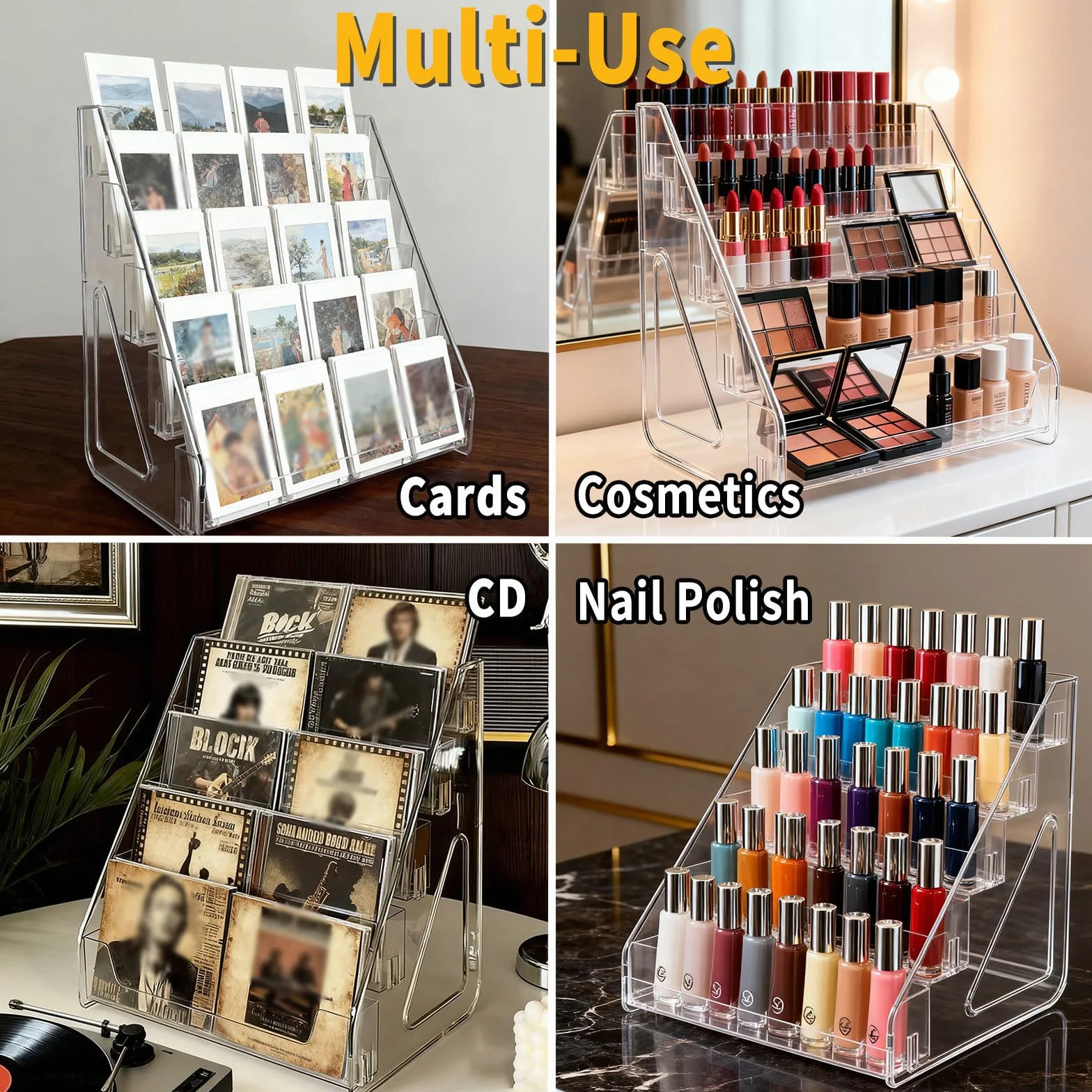 Oncpcare Soporte de exhibición transparente de 3 niveles para tarjetas coleccionables – Estante vertical de PET para cargadores superiores, soportes magnéticos, losas de tarjetas coleccionables y