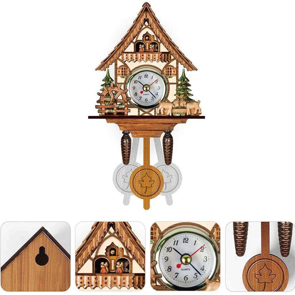 Eujgoov Reloj de Pared Cuco de Madera Estilo Tradicional del Noroeste de Europa con Campana Oscilante Automática Funciona con Pilas para Sala y Dormitorio Reloj de Cuco Antiguo Decorativo