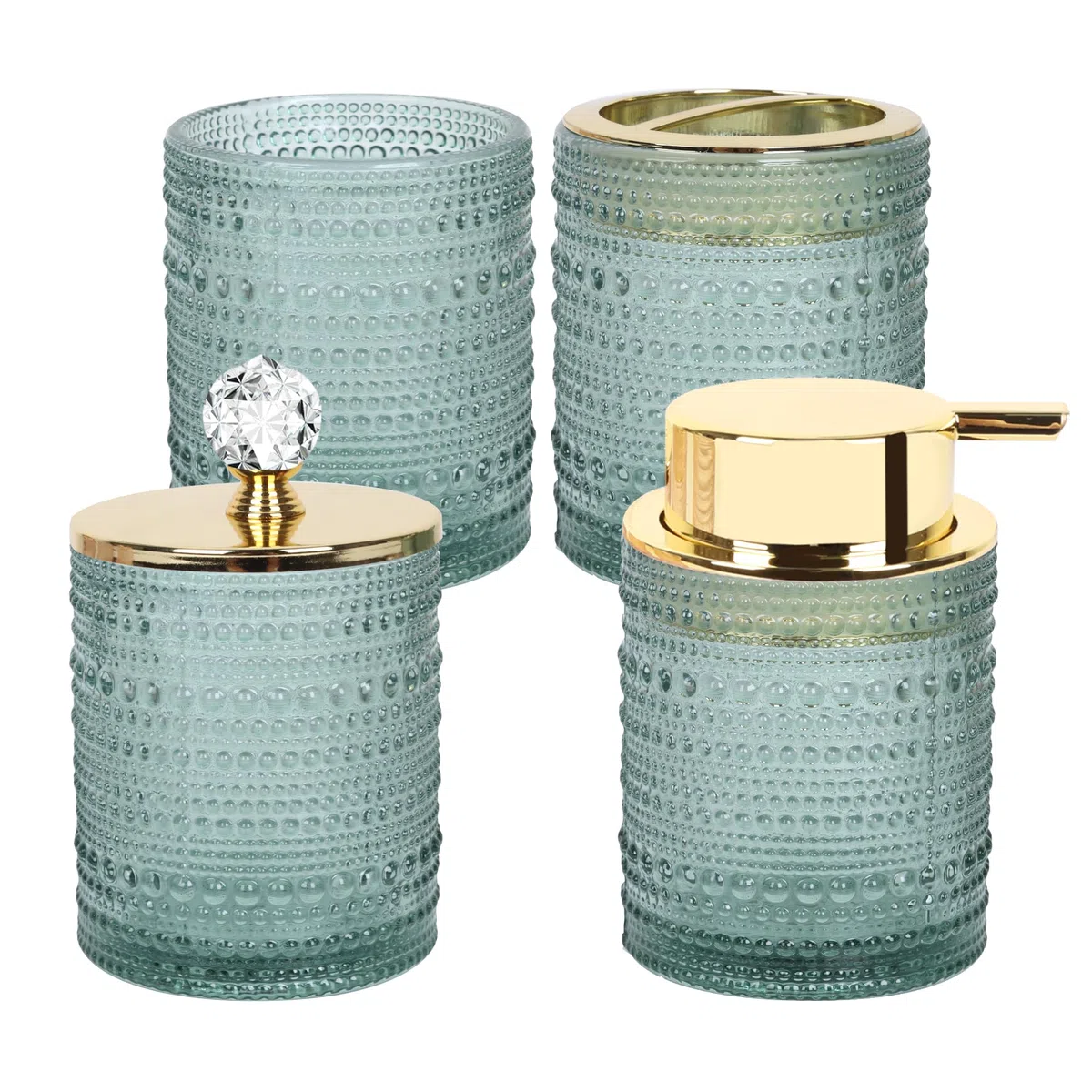 FEILANDUO Juego de accesorios de baño, 4 accesorios de baño de cristal, decoración de baño, dispensador de jabón, juego de soporte para cepillo de dientes, tarro de boticario, regalo para el