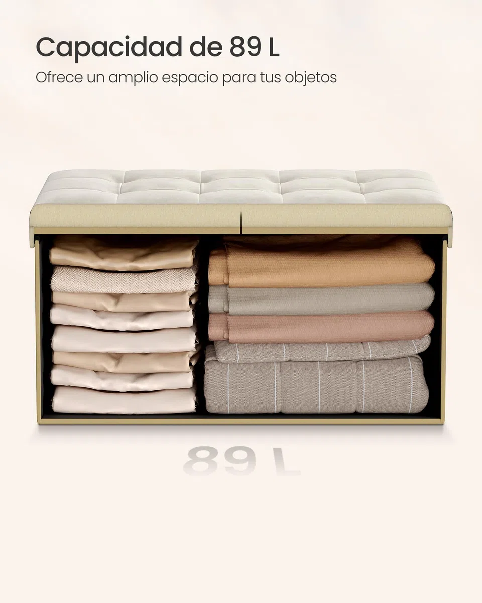 SONGMICS Puff Almancenaje, Banco Almacenaje Plegble, 38 x 76 x 38, Tapa Abatible, Taburete con Reposapiés, Carga 300 kg, Entrada, Salón, Dormitorio, Tela de Terciopelo, Beige Capuchino LSF048LH01