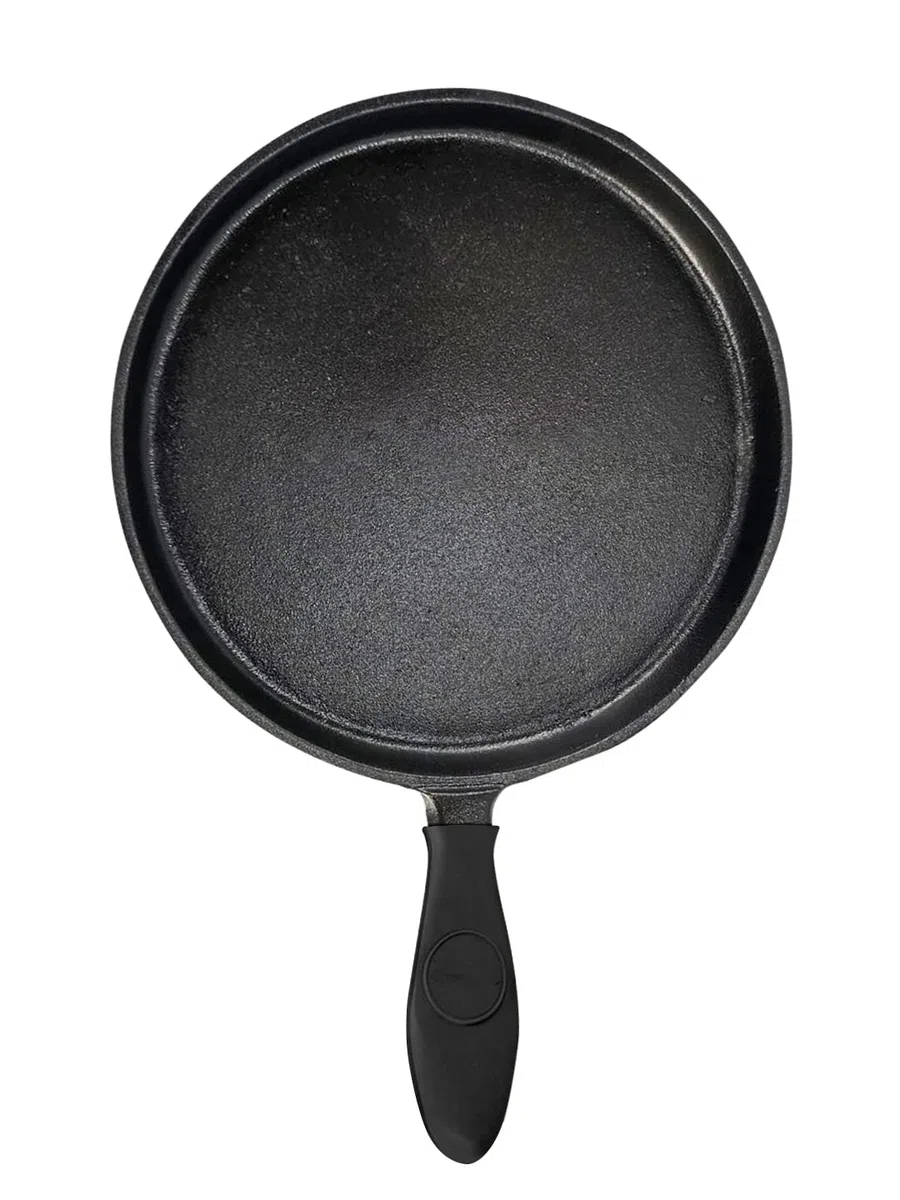 Tortillada – 26cm Plancha/Sartén de hierro fundido sazonado para Crepes + Soporte para mango caliente + E-book con 50 Recetas con Tortillas