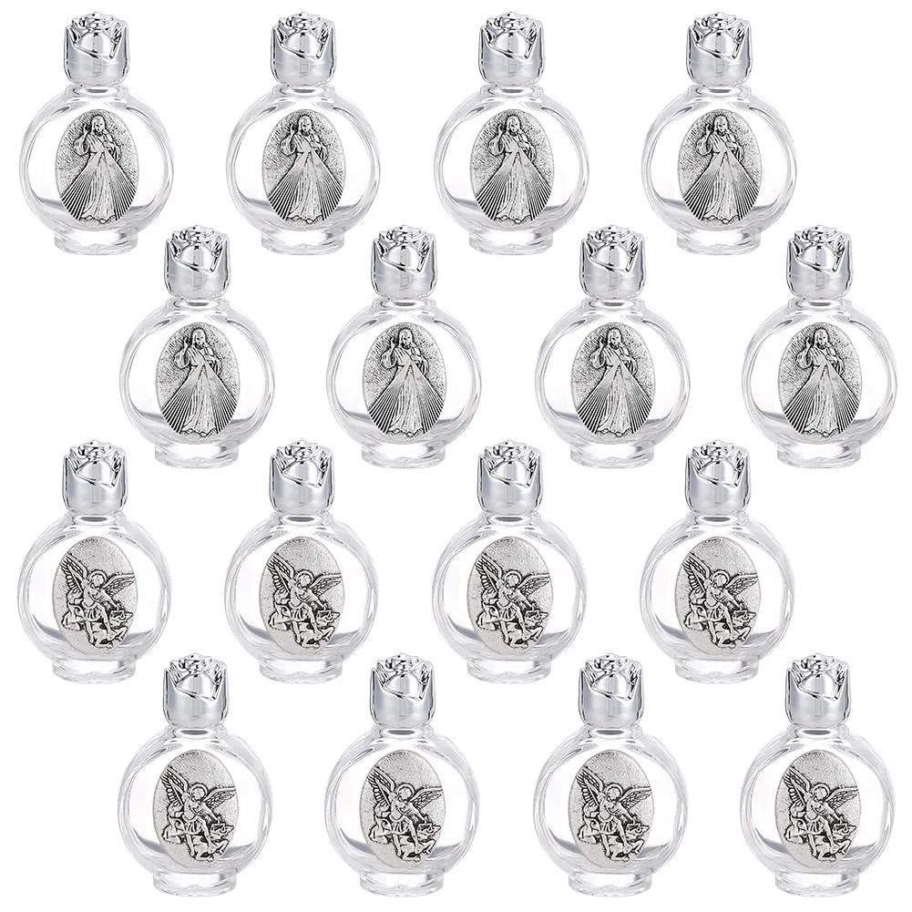 WEBEEDY 16 botellas de vidrio para agua bendita de 15 ml vacíos en relieve, botellas de bendición de la iglesia con tapa, regalos portátiles de iglesia para Pascua 2 estilos