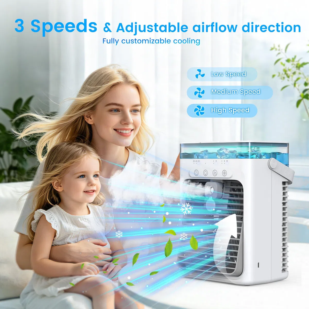 Aire Acondicionado Portátil Sin Tubo 4 en 1, Mini Aire Acondicionado Portátil, Climatizador Evaporativo USB, 3 Velocidades, 2 Modos Niebla, Depósito 1000ML, Temporizador 2/4/8H, Silencioso Ventilador