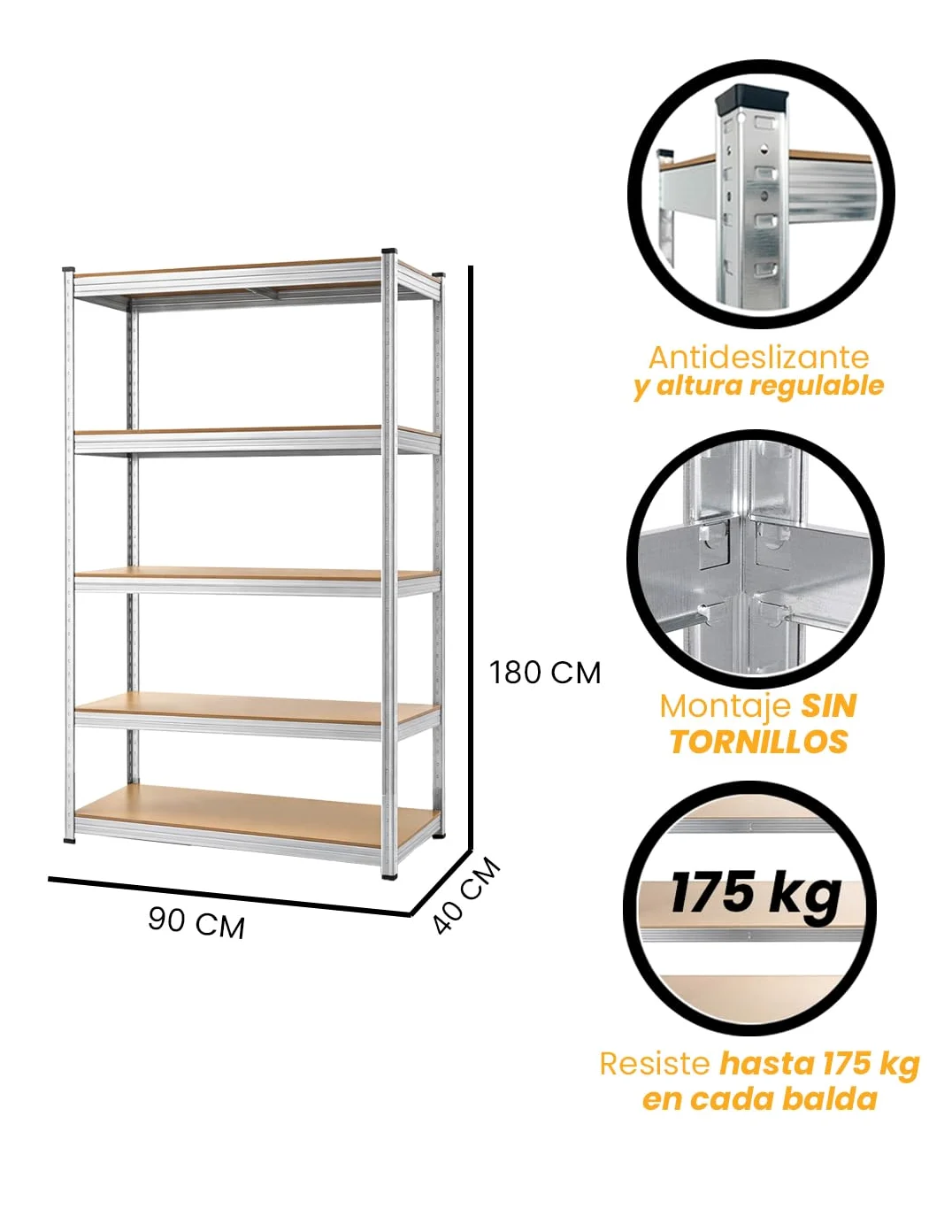 Jardin202 - Estantería Modular de Acero y Madera | Unidad de Almacenamiento de 5 baldas con estantes Ajustables en Altura | 180 x 90 x 40 cm | Peso máximo 875 kg | Pack 2 uds (Plata)