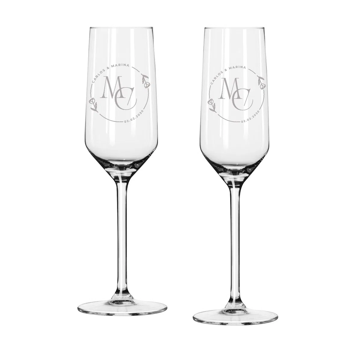 Curia Grabador Copas para boda personalizadas con nombres de los novios y fecha. Diseño romántico con flores e inciales grabadas. Copas para brindis (Modelo flor)