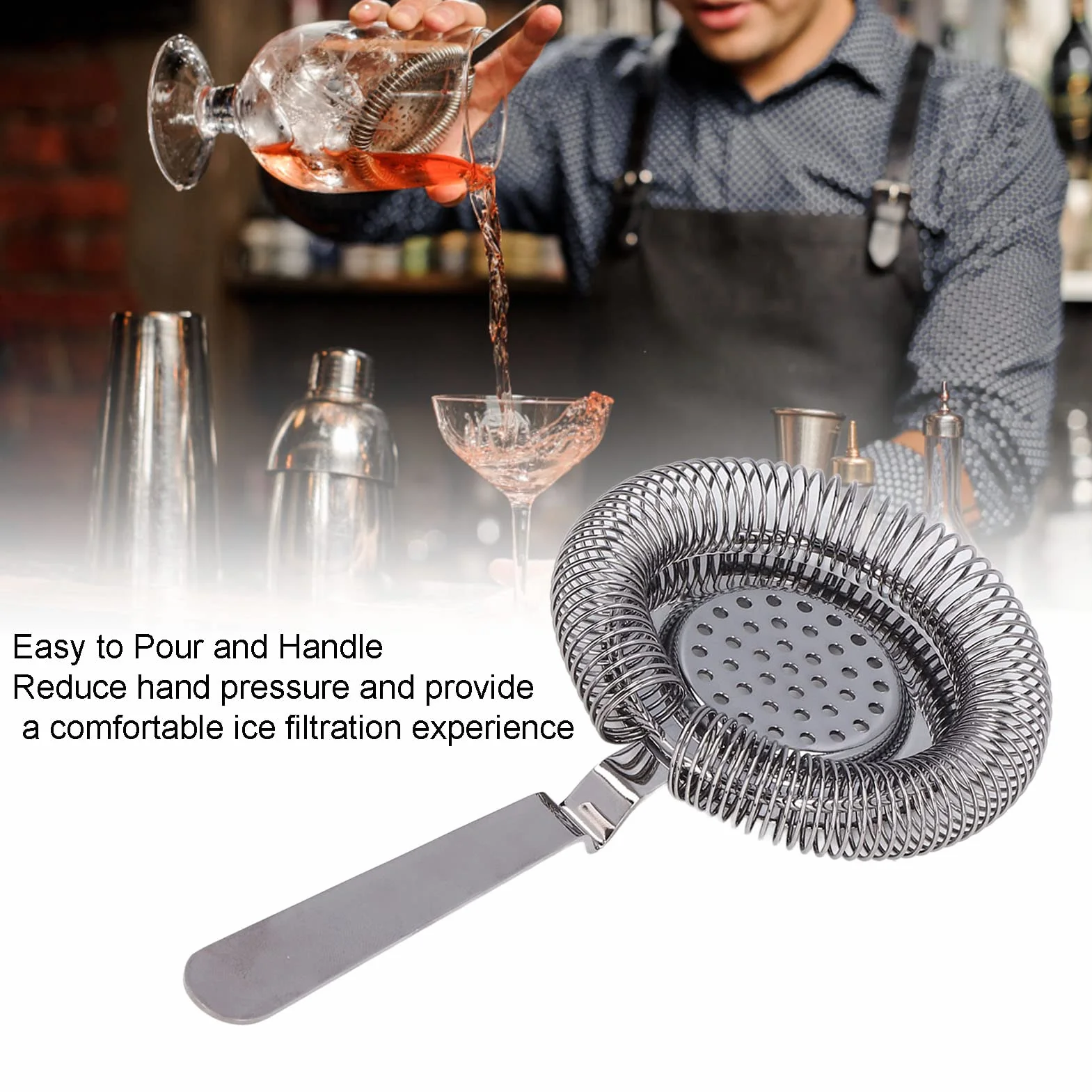 Colador de cóctel Colador de barra multifuncional Filtrado fino Cuchara de acero inoxidable profesional Bar Herramientas de vino para Bartending Restaurante Fiesta(01)