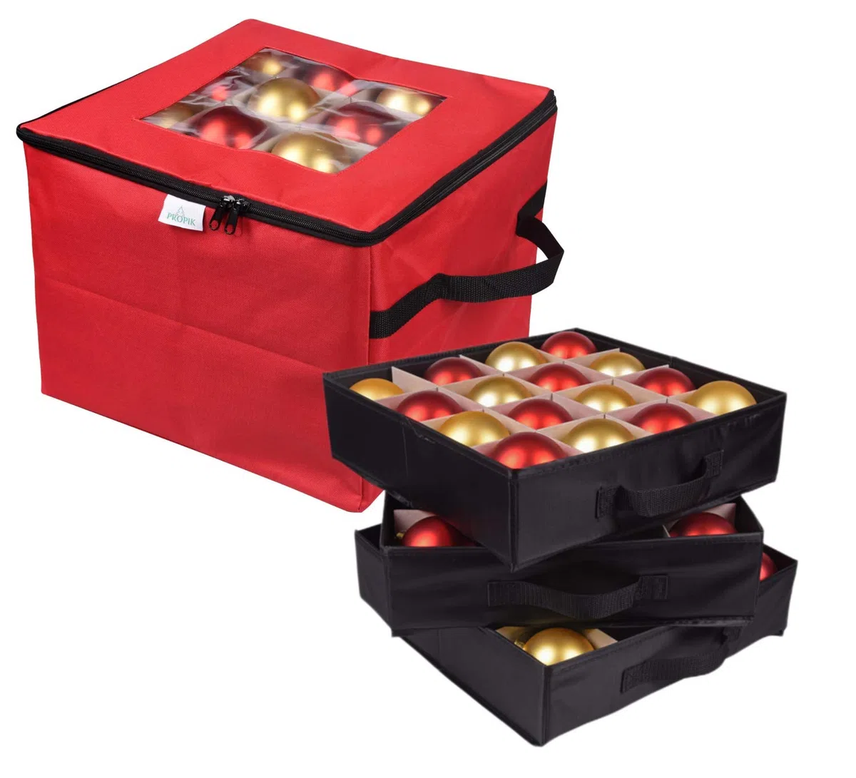 ProPik Caja de Almacenamiento de Adornos de Navidad, Organizador con Capacidad para hasta 48 Bolas de Navidad con 3 bandejas extraíbles separadas, el Recipiente Tiene separadores para organizar