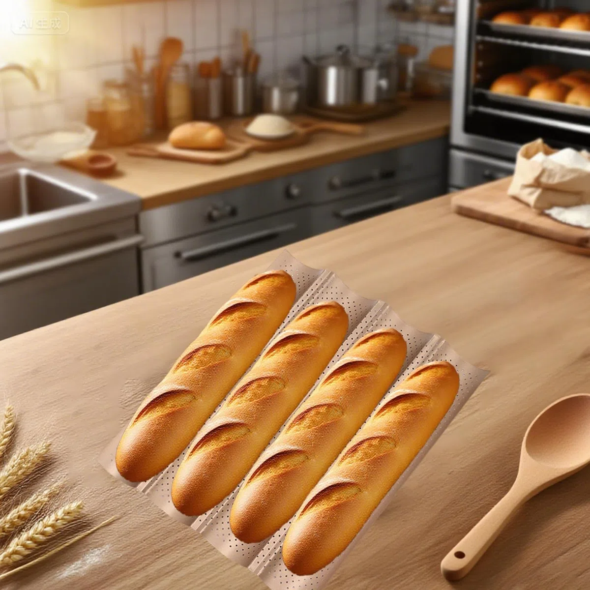 3 bandejas para hornear baguettes para 4 baguettes, acero al carbono, perforadas, molde para baguettes, pan, 38 x 33 cm, antiadherente, oro rosa