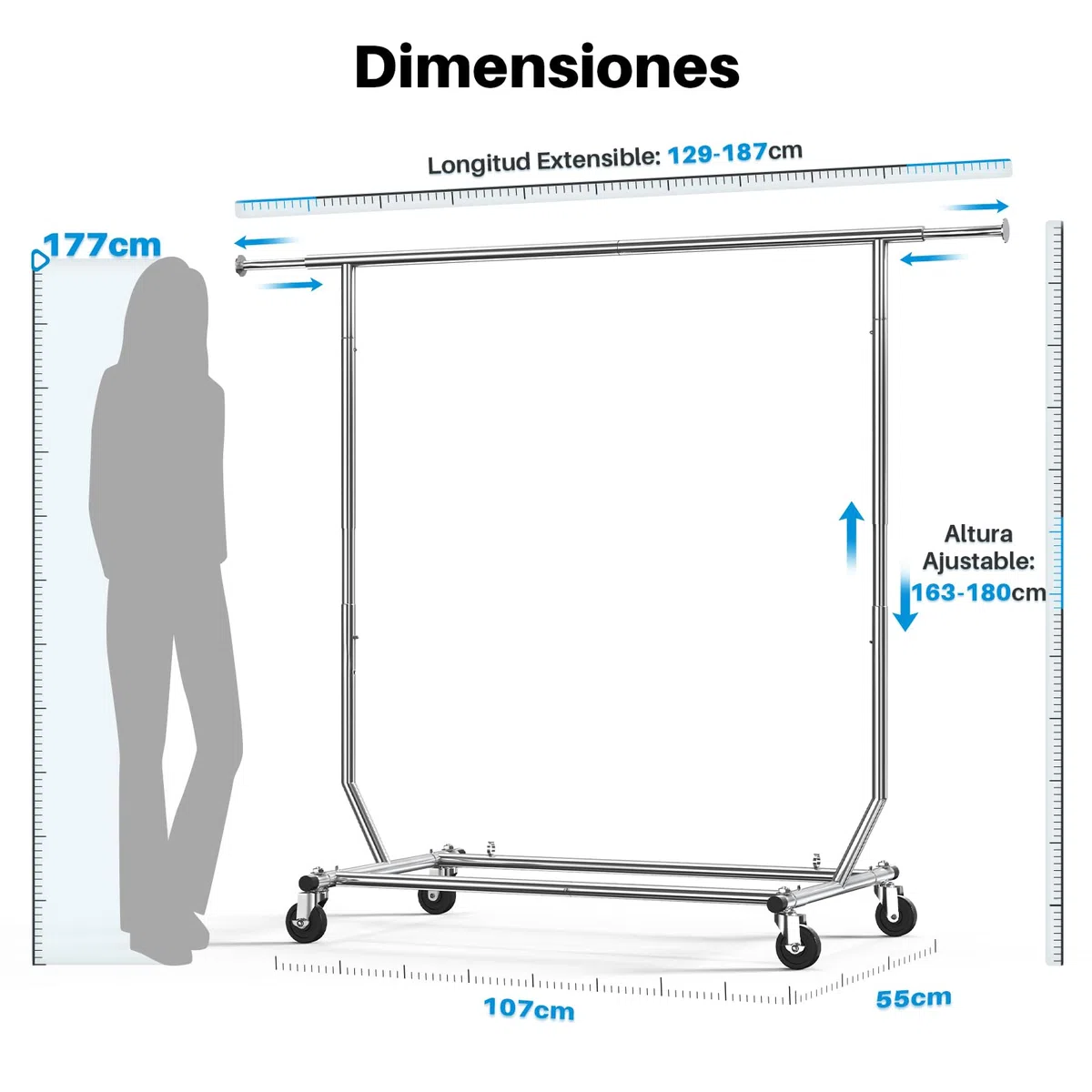HOKEEPER Burro de Ropa Resistente 136kg, Barra Extensible con Ruedas Bloqueables, Ahorra Espacio para Dormitorio, Apartamento, Lavandería