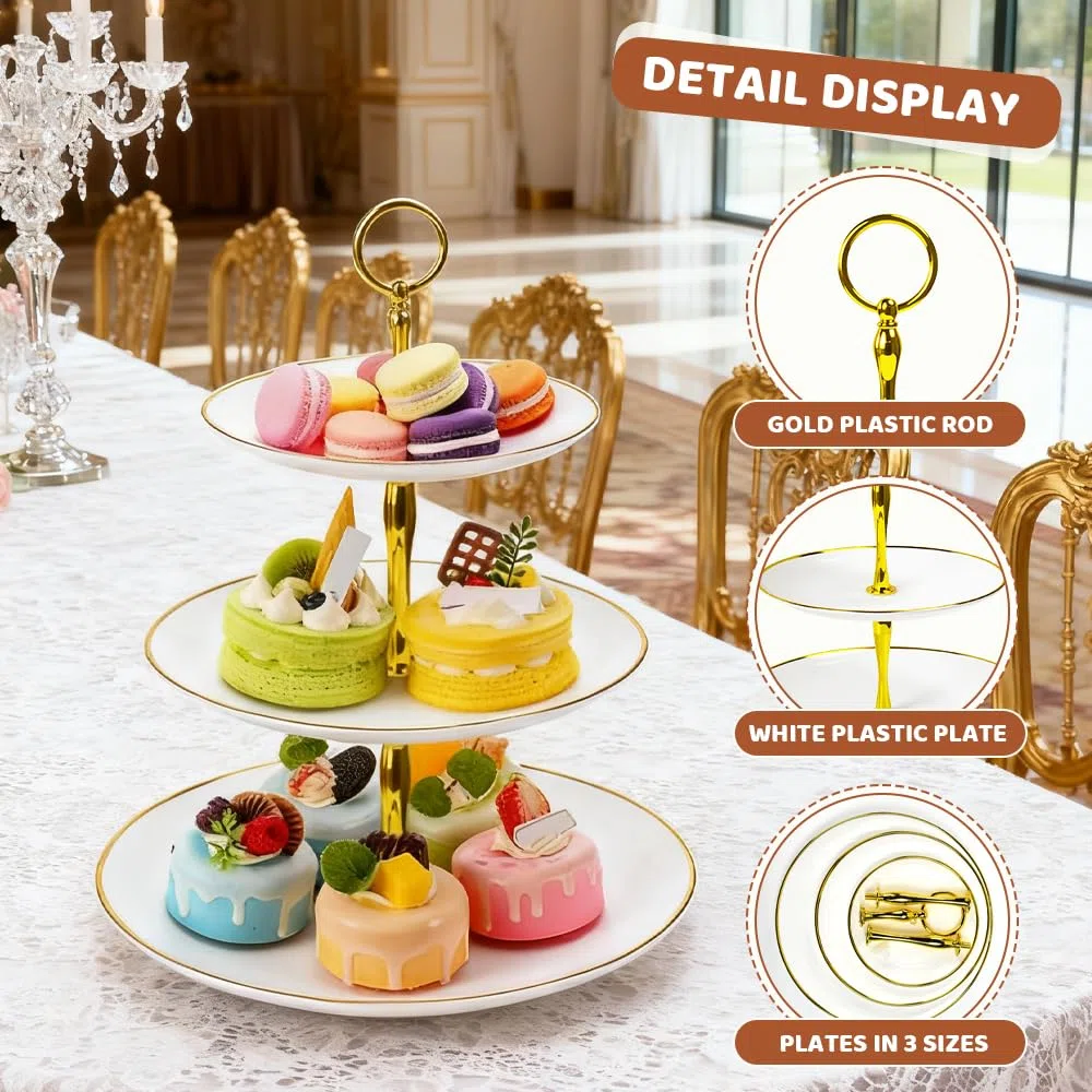 2 Piezas Soporte para Pasteles de 3 Niveles,Bandeja de Tartas Reutilizable Plato de Frutos Soportes Cartón para Cupcakes Bandeja de Postre para Fiestas,Cumpleaños,Bodas,Baby Shower, Postres