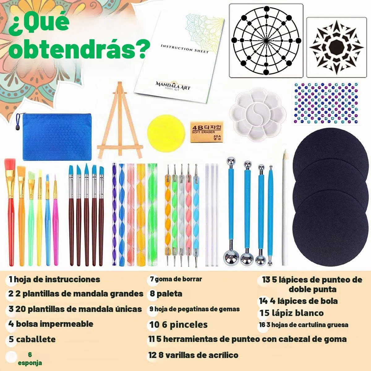Kit Herramientas Puntillismo Mandala (Dotting Tools), Set para Pintar Piedras con Plantillas, Punzones y Pinceles. Estuche para Manualidades, Nail Art, Cerámica, Adultos y Niños, Idea de Regalo