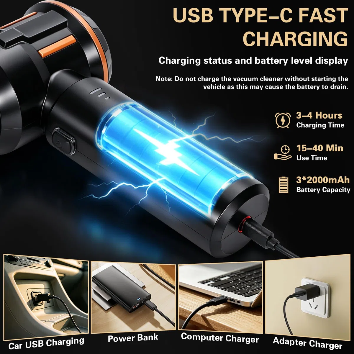 Aspirador de Mano, 26000Pa Aspiradora sin Cable Coche,Portátil Mini Aspiradora de Coche,Potente 4 en 1 Aspirador con Motor sin Escobillas para Coche,Hogar,Oficina,Pelo de Mascotas,Cocina