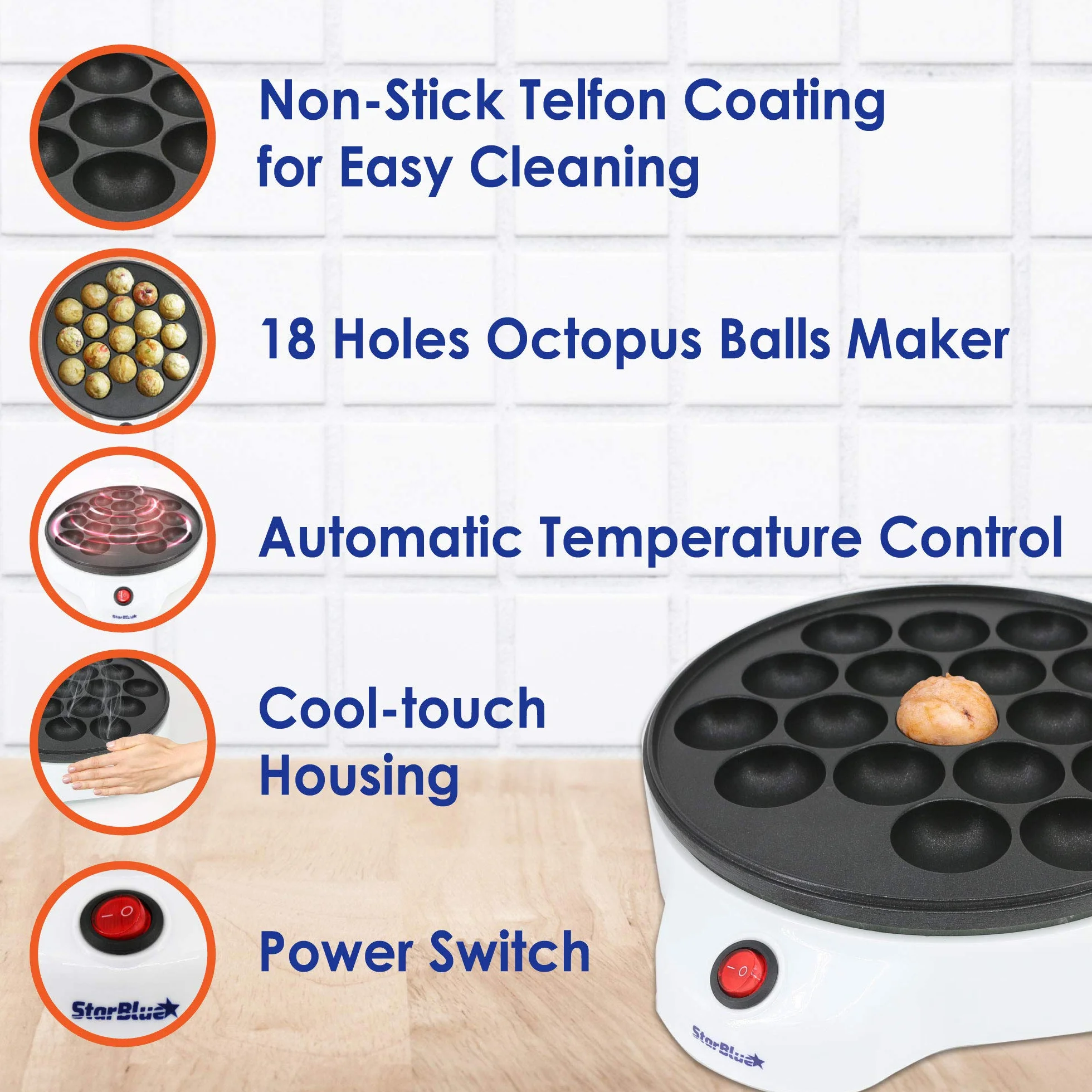 StarBlue Takoyaki Maker - Máquina eléctrica fácil y fácil de operar para hacer bolas de pulpo japonesas Takoyaki AC 120 V 50/60 Hz 650 W