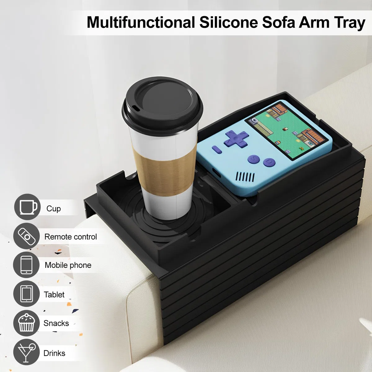 Bandeja para sofá con reposabrazos, bandeja de silicona para sofá, bandeja con tapetes para tazas, reposabrazos antideslizantes, bandeja para sofá, reposabrazos, bandeja para taza, tableta