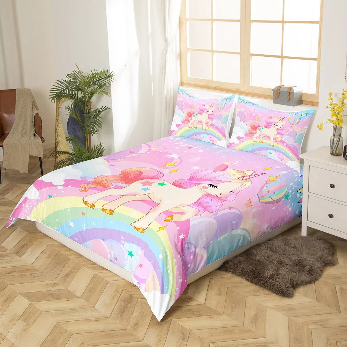 Loussiesd Juego de cama para niñas, diseño kawaii de unicornio y arcoíris, funda nórdica de dibujos animados, galaxia, estrellas, animales, 2 fundas de almohada, tamaño doble