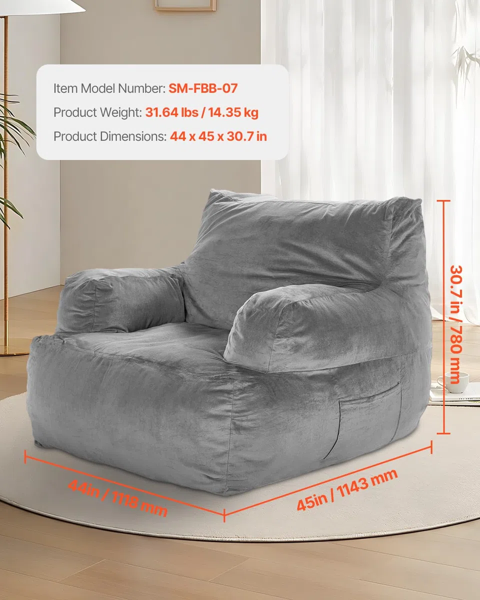 VEVOR Sillón Puff 1118 x 1143 x 780 mm con Reposabrazos para Adultos, Relleno de Felpa Esponjosa y Espuma de Alta Densidad, Sillón Puff para Adultos con Zapper para Sala de Estar, Dormitorio, Gris