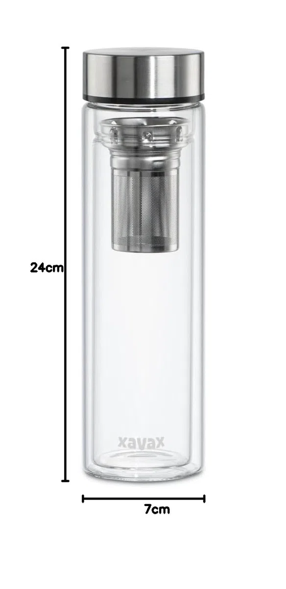 Xavax | Botella de cristal de 450ml con funda protectora (Mantiene la temperatura 2h, Con un colador de té, Hermético, Apto para bebidas carbonatadas y para alimentos), Transparente