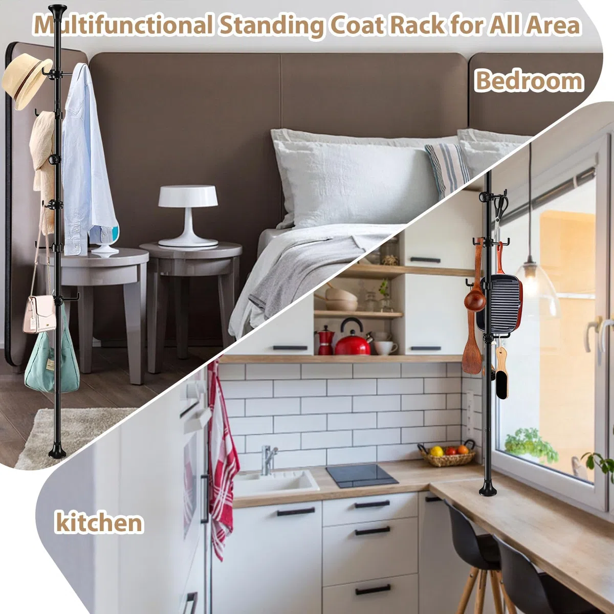 Perchero ajustable de 140 cm a 310 cm, negro con 12 ganchos para colgar abrigos, chaquetas, sombreros y bufandas, adecuado para salón, balcón, cocina