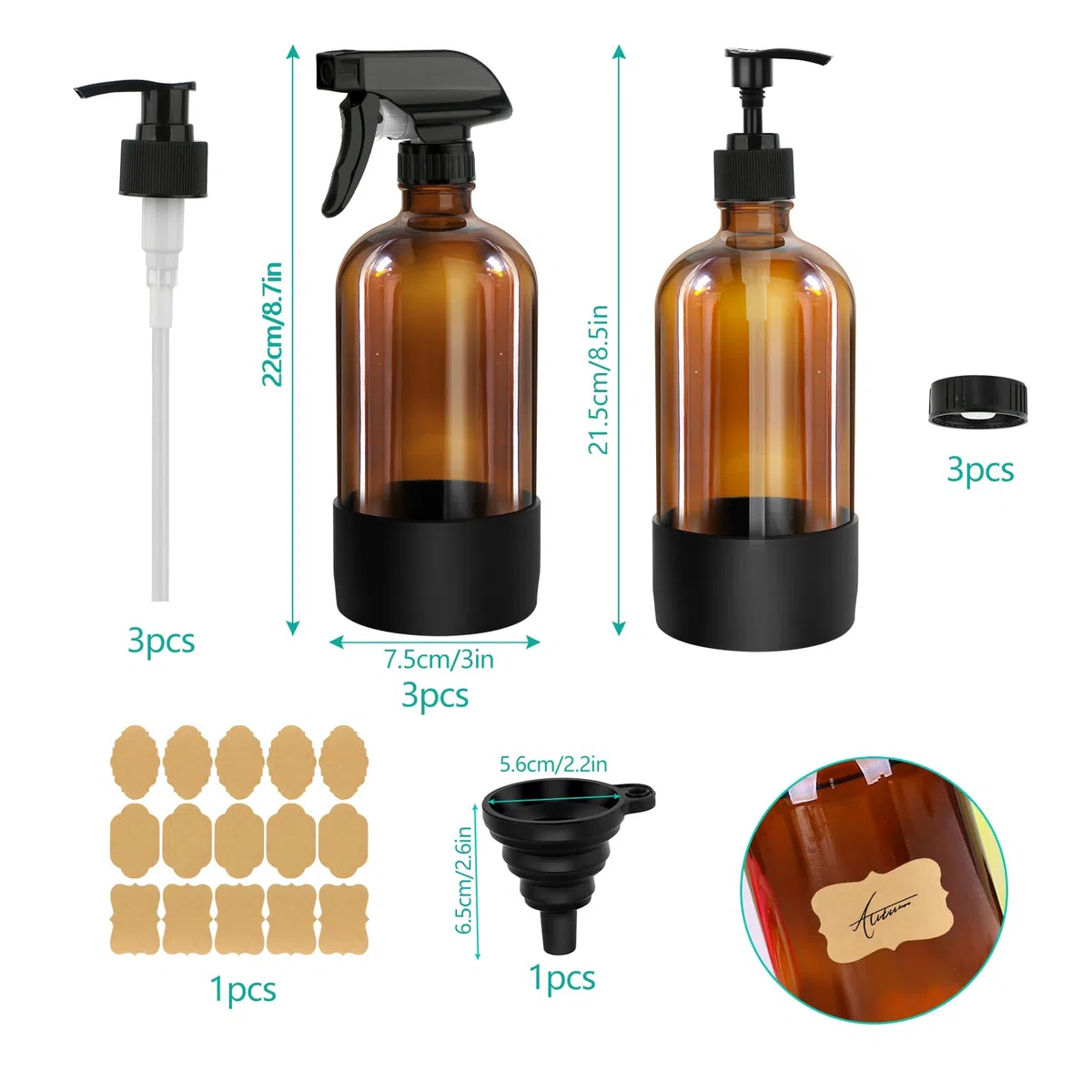 3 botellas de vidrio de 500 ml, botella de spray de agua vacía ámbar para plantas de cabello, aceites esenciales, ajustes de flujo de pulverización recargables con pulverizador de gatillo