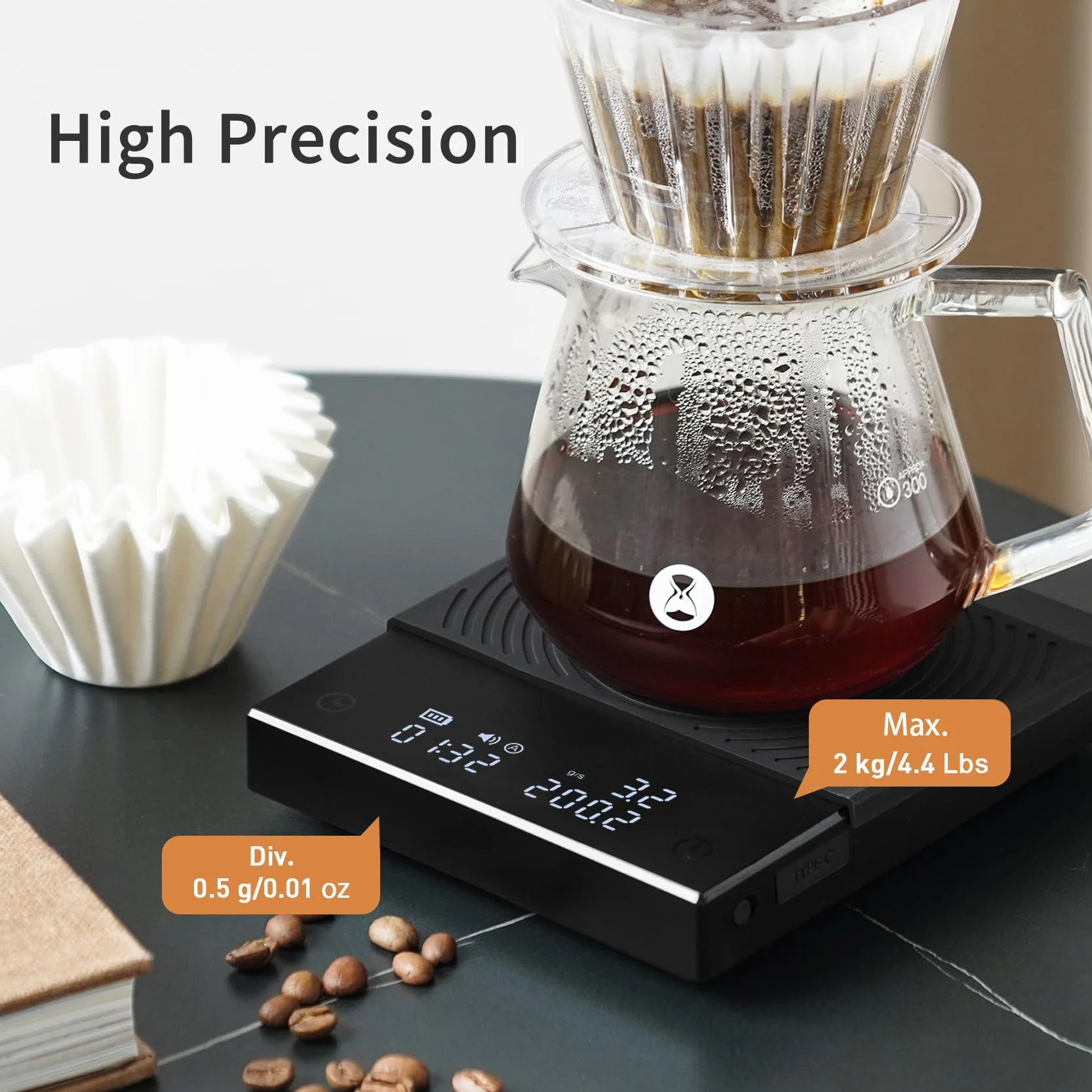 TIMEMORE Báscula de café básica 2.0 báscula electrónica de espresso con tasa de flujo de agua y función de temporizador, cambio libre de unidades de onzas/kg, báscula digital para